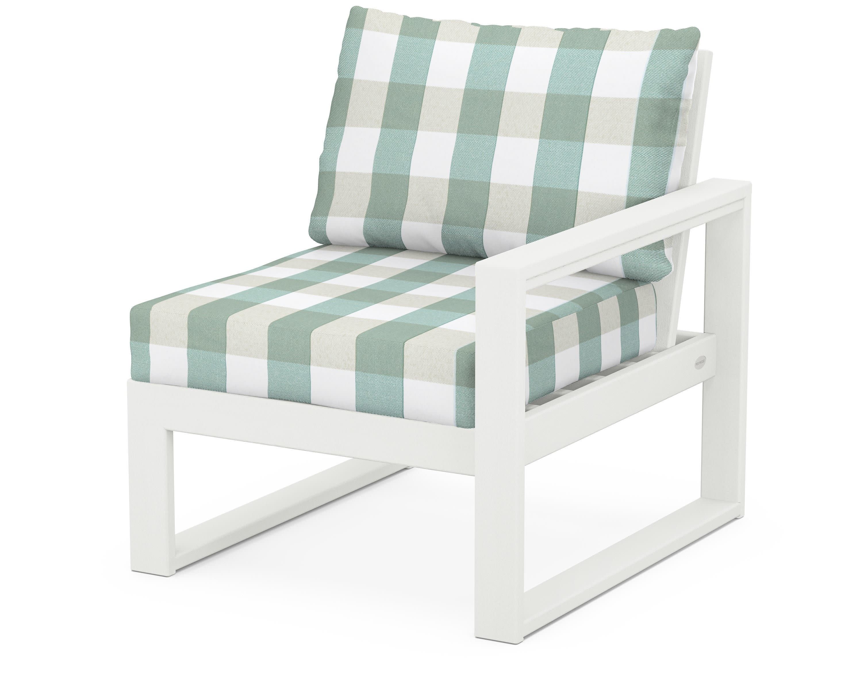 EDGE Modular Right Arm Chair in Vintage White / Buffalo Plaid Glacier Spa