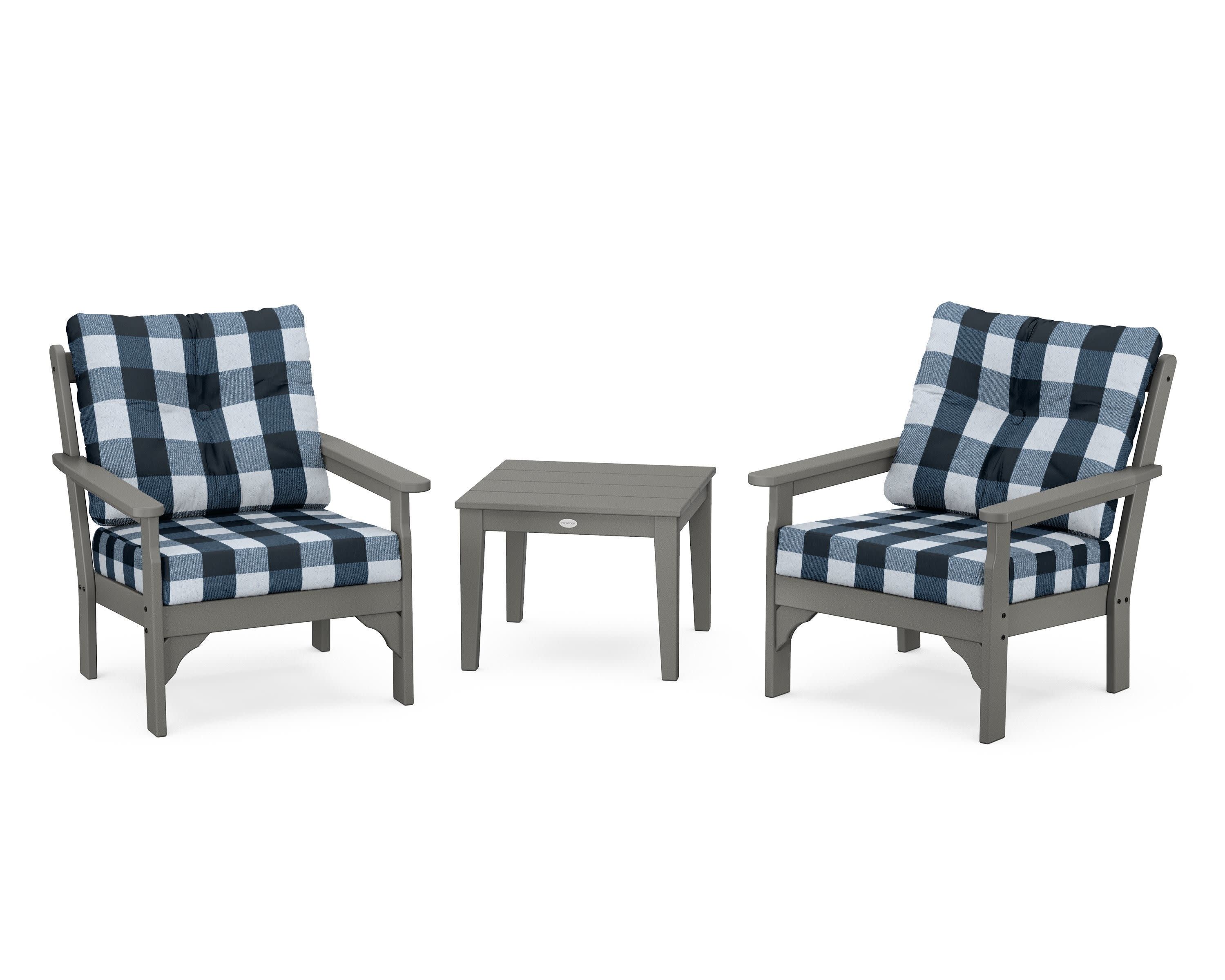 Vineyard 3-Piece Deep Seating Set in Slate Grey / Buffalo Plaid Marine Indigo