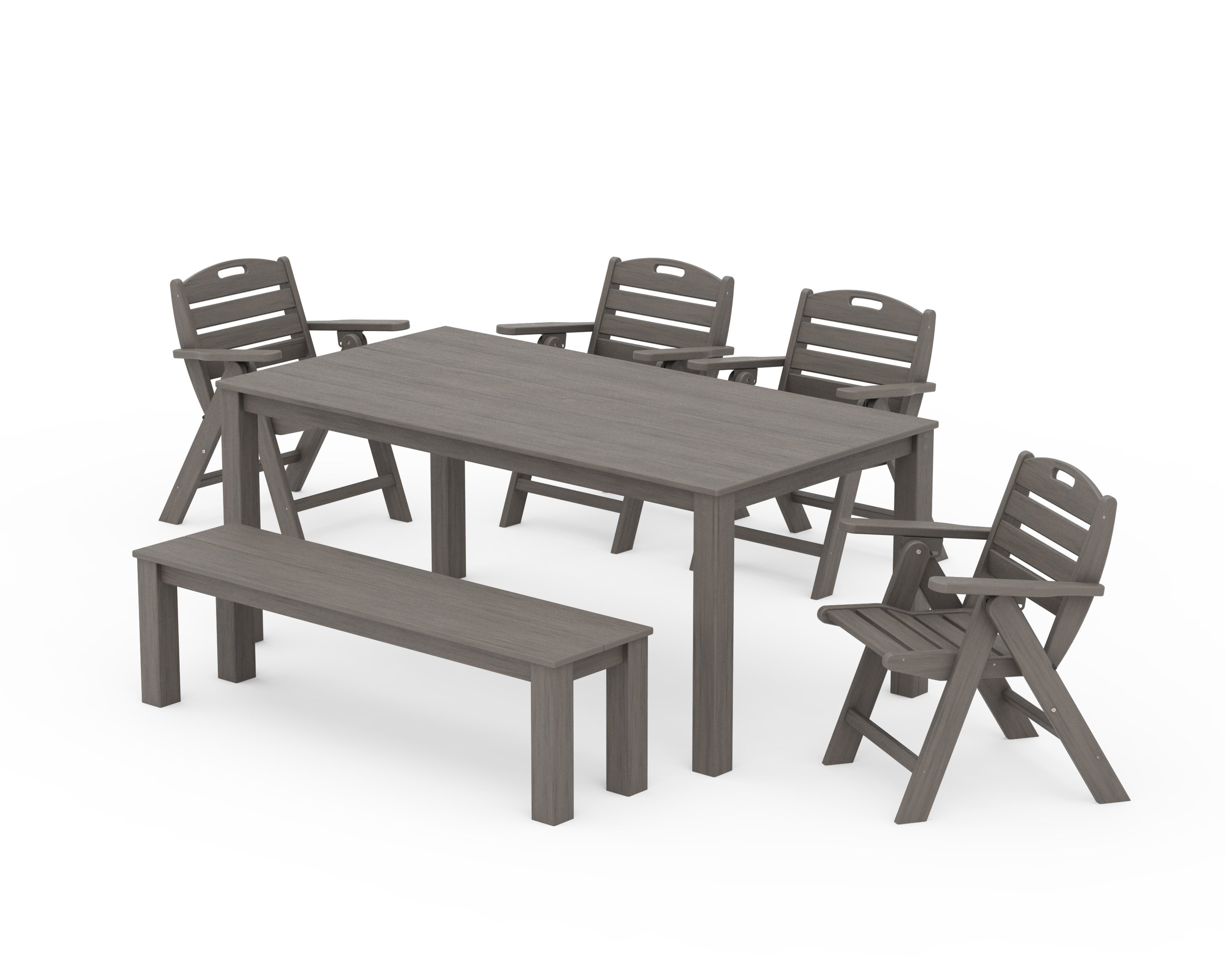 Nautical Folding Lowback Chair 6-Piece Parsons Dining Set with Bench in Driftwood