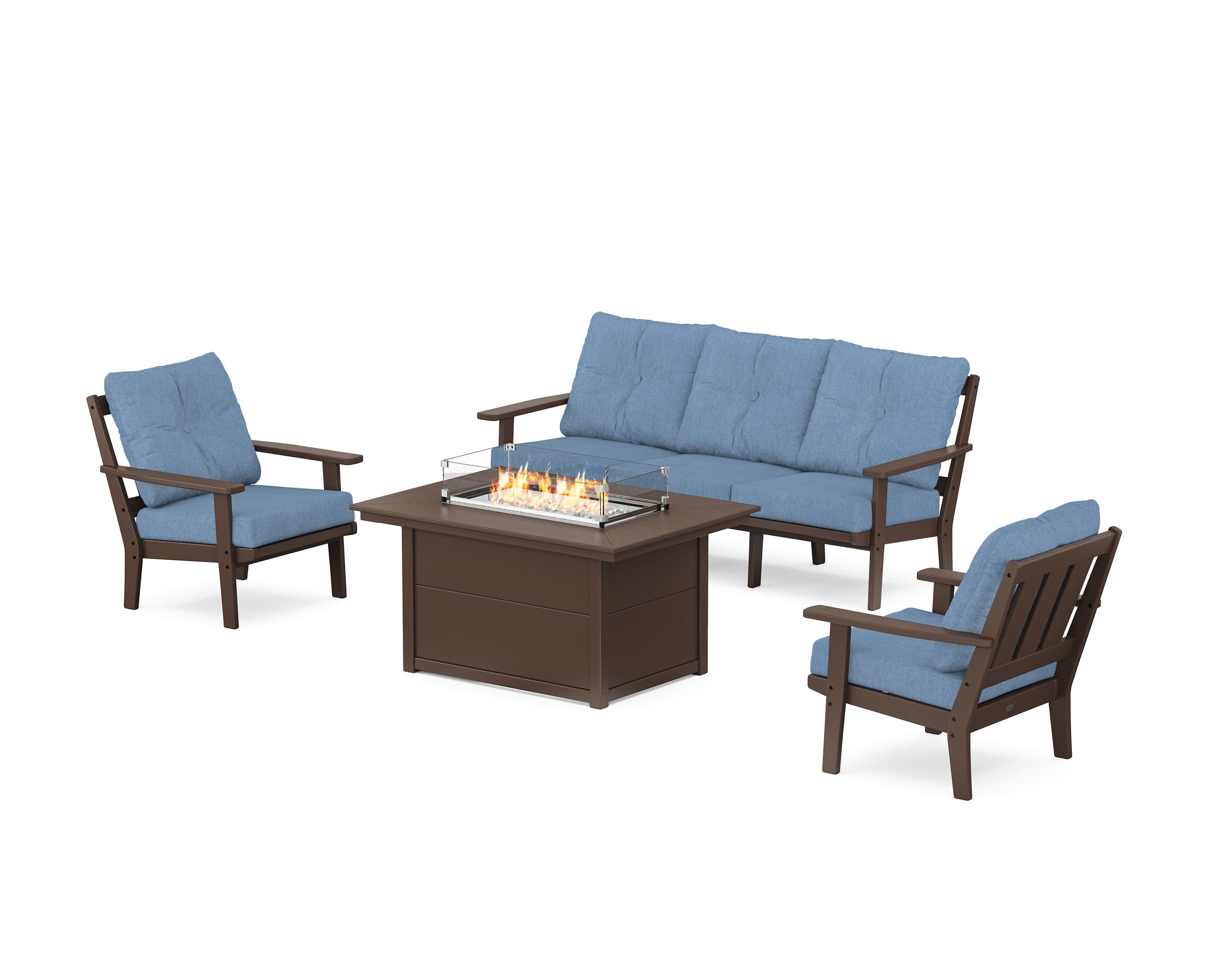 Oxford Deep Seating Fire Pit Table Set in Mahogany / Sky Blue