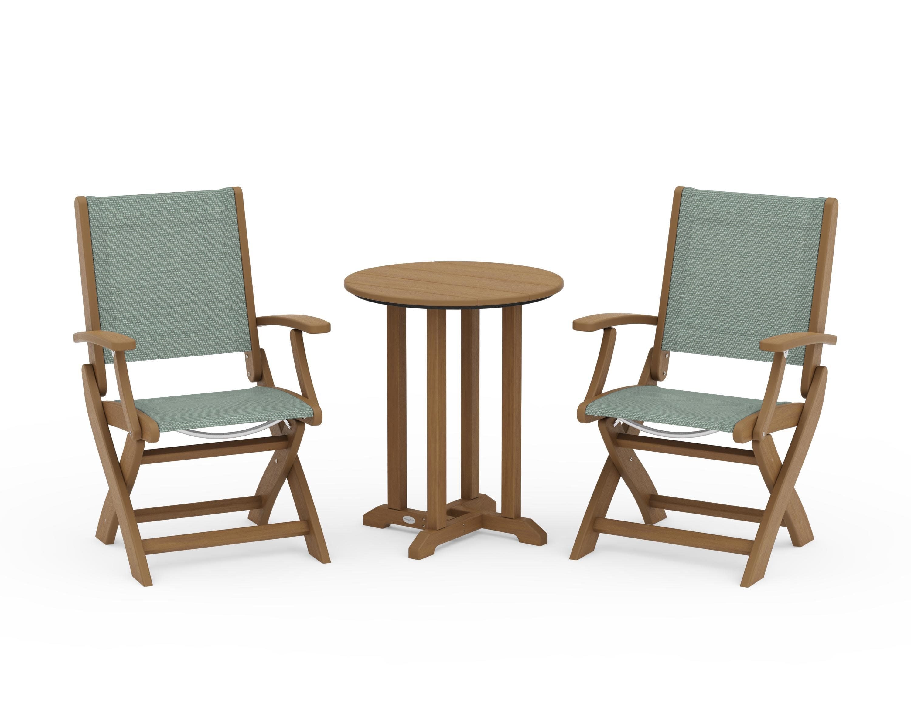 Coastal Folding 3-Piece Round Bistro Dining Set in Natural / Dupioni Sea Mist Sling