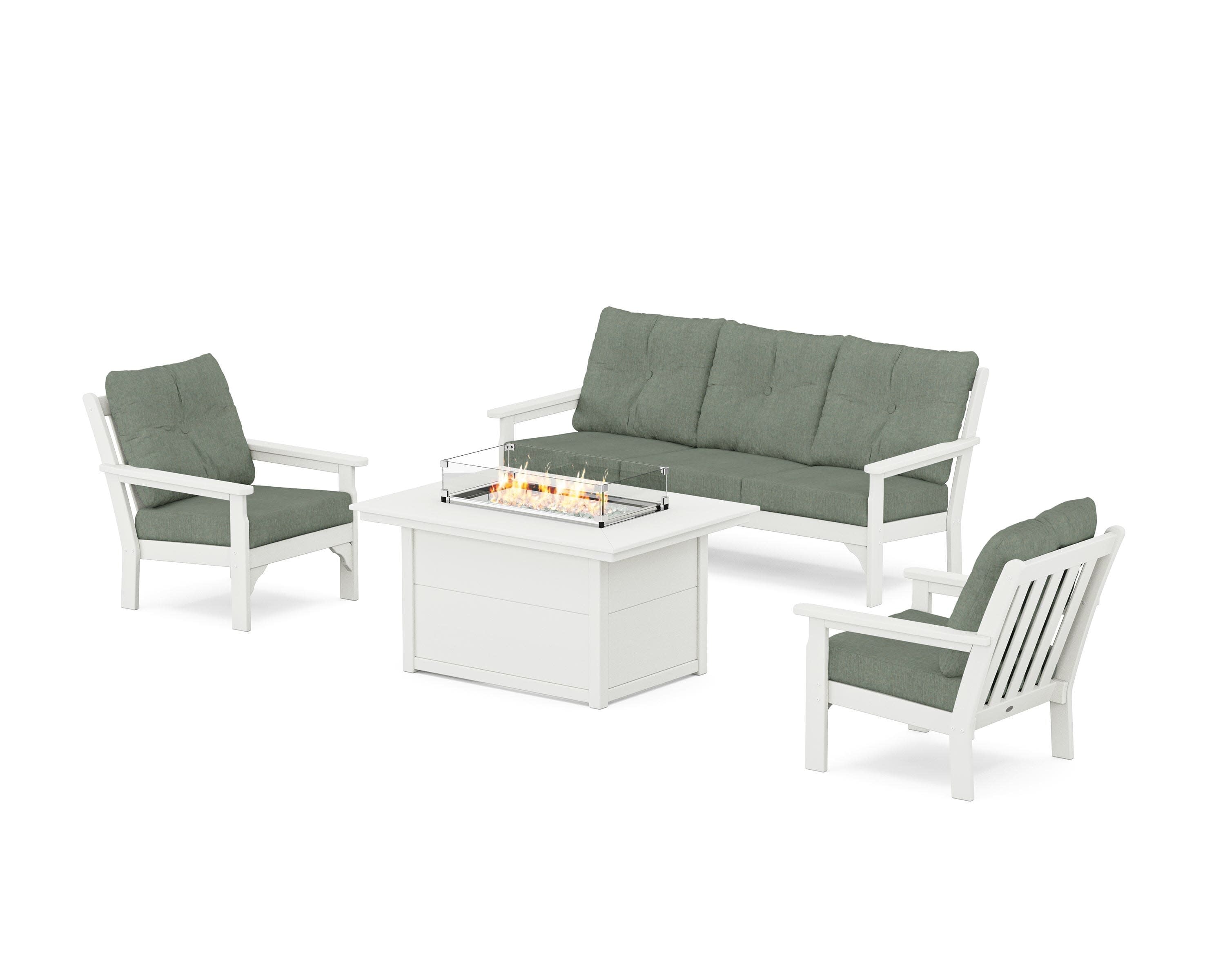 Vineyard Deep Seating Fire Pit Table Set in Vintage White / Cast Sage