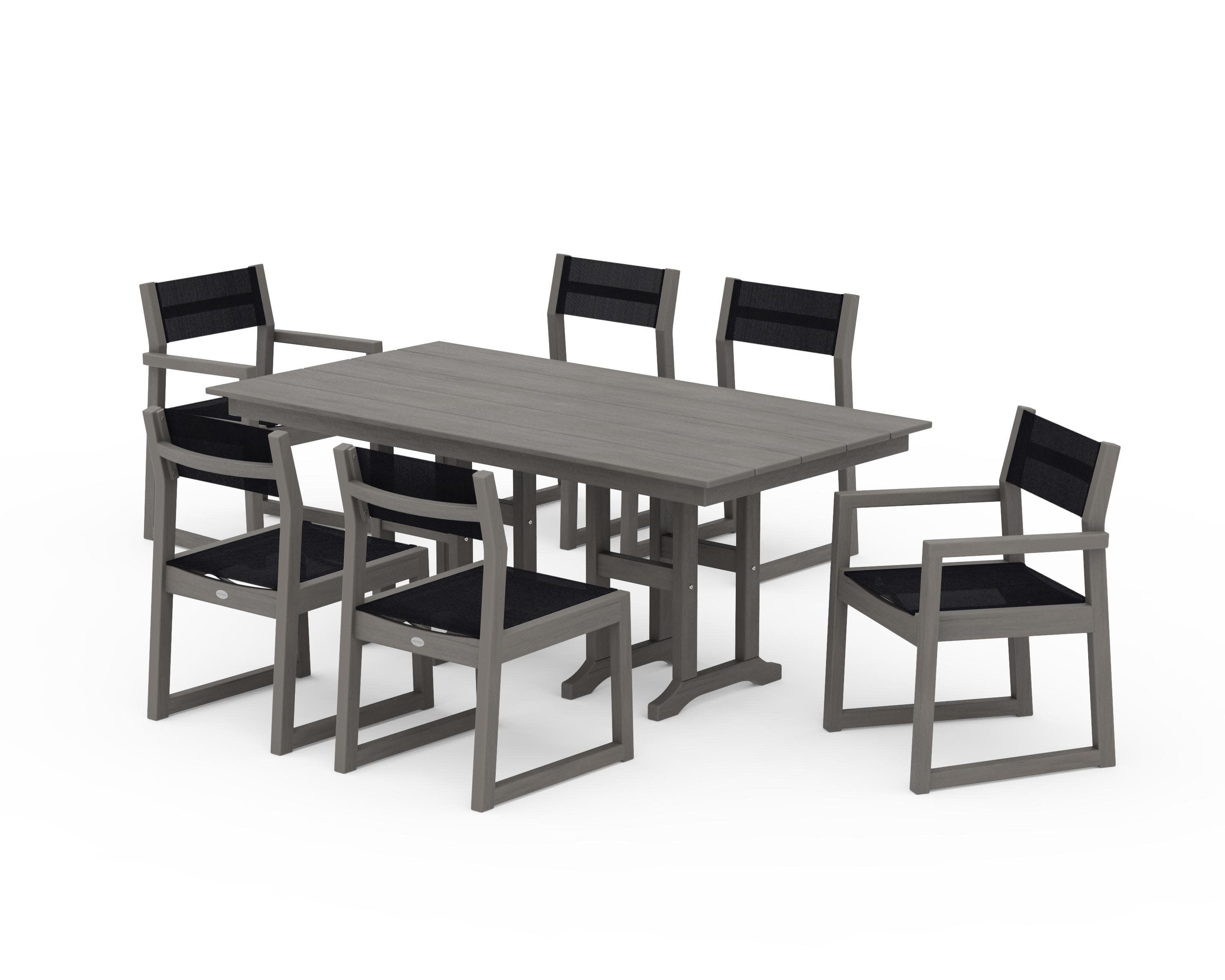 EDGE Sling 7-Piece Farmhouse Dining Set in Driftwood / Black Sling