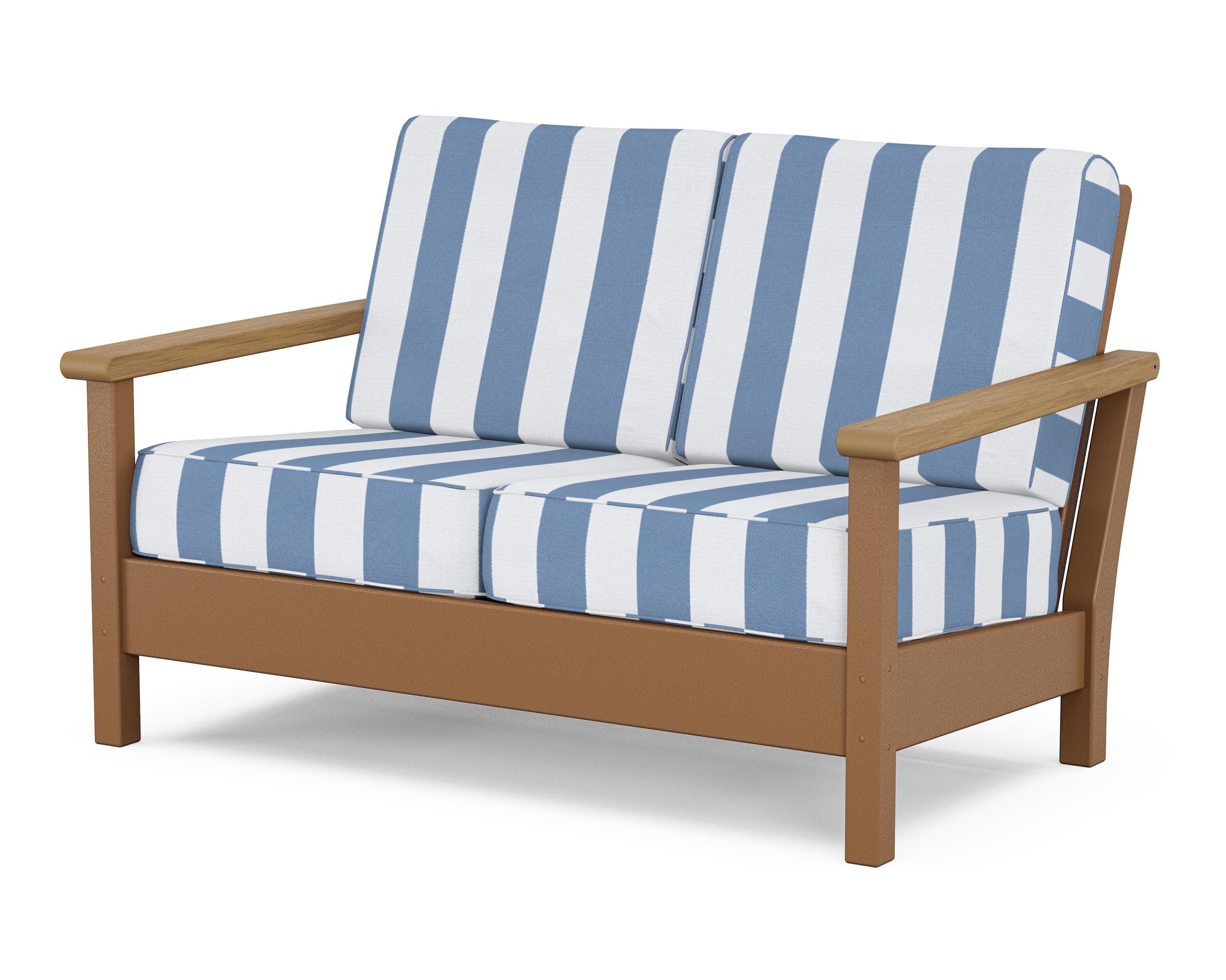 Harbour Deep Seating Loveseat in Teak / Natural / Cabana Stripe Sky Blue