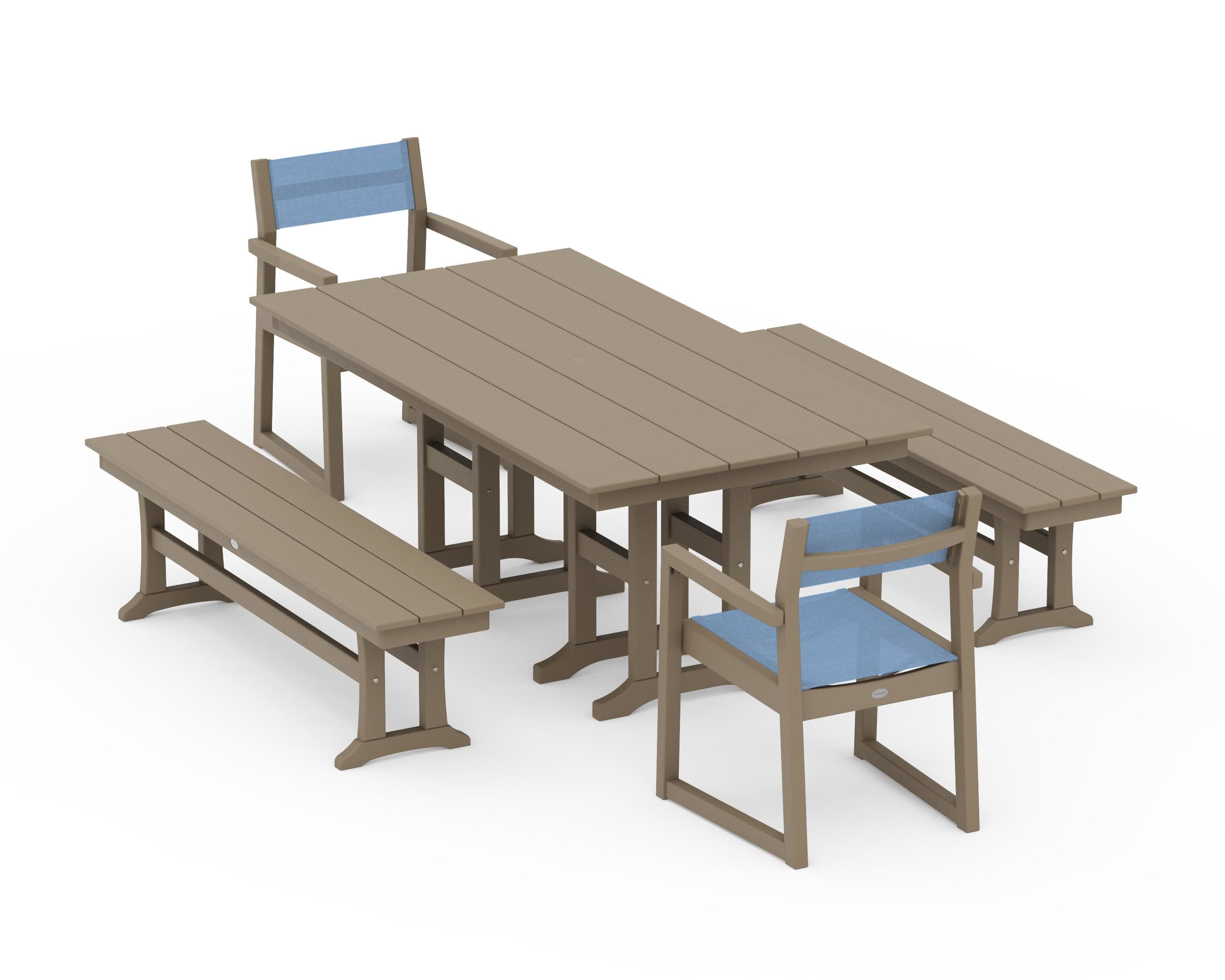EDGE Sling Arm Chair 5-Piece Farmhouse Dining Set with Benches in Vintage Sahara / Poolside Sling