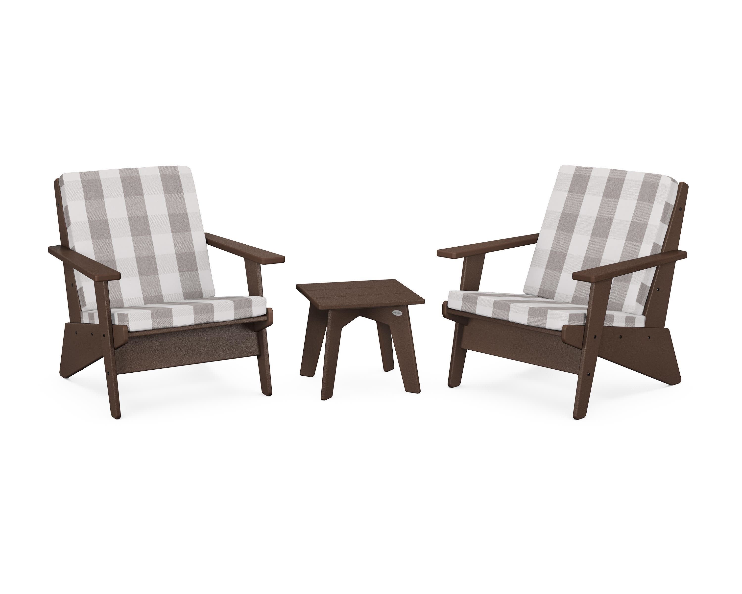 Riviera Modern Lounge 3-Piece Set in Mahogany / Buffalo Plaid Grey Mist