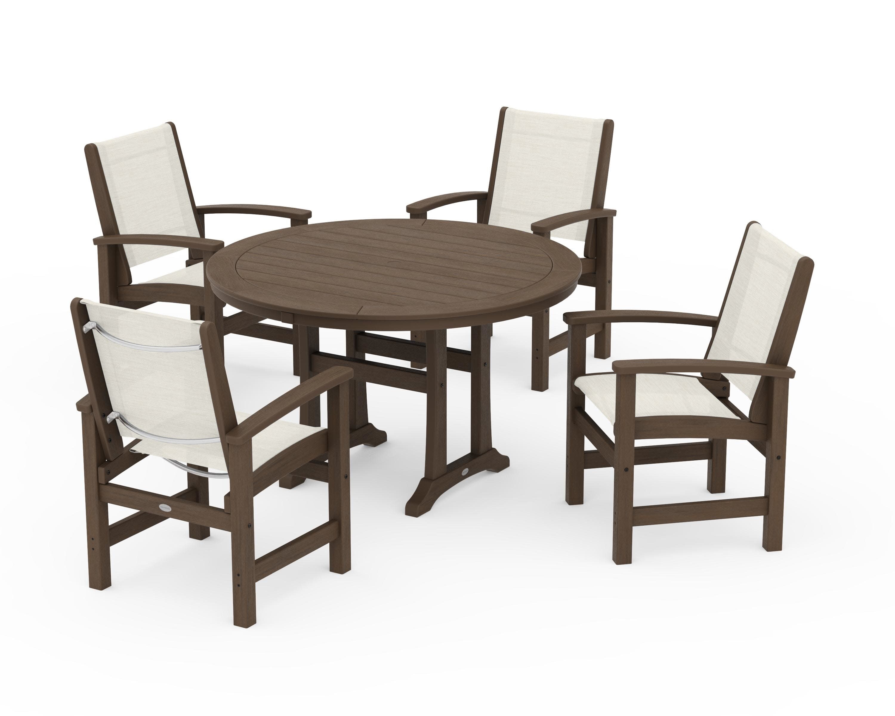 Coastal 5-Piece Round Dining Set with Trestle Legs in Kona / Parchment Sling