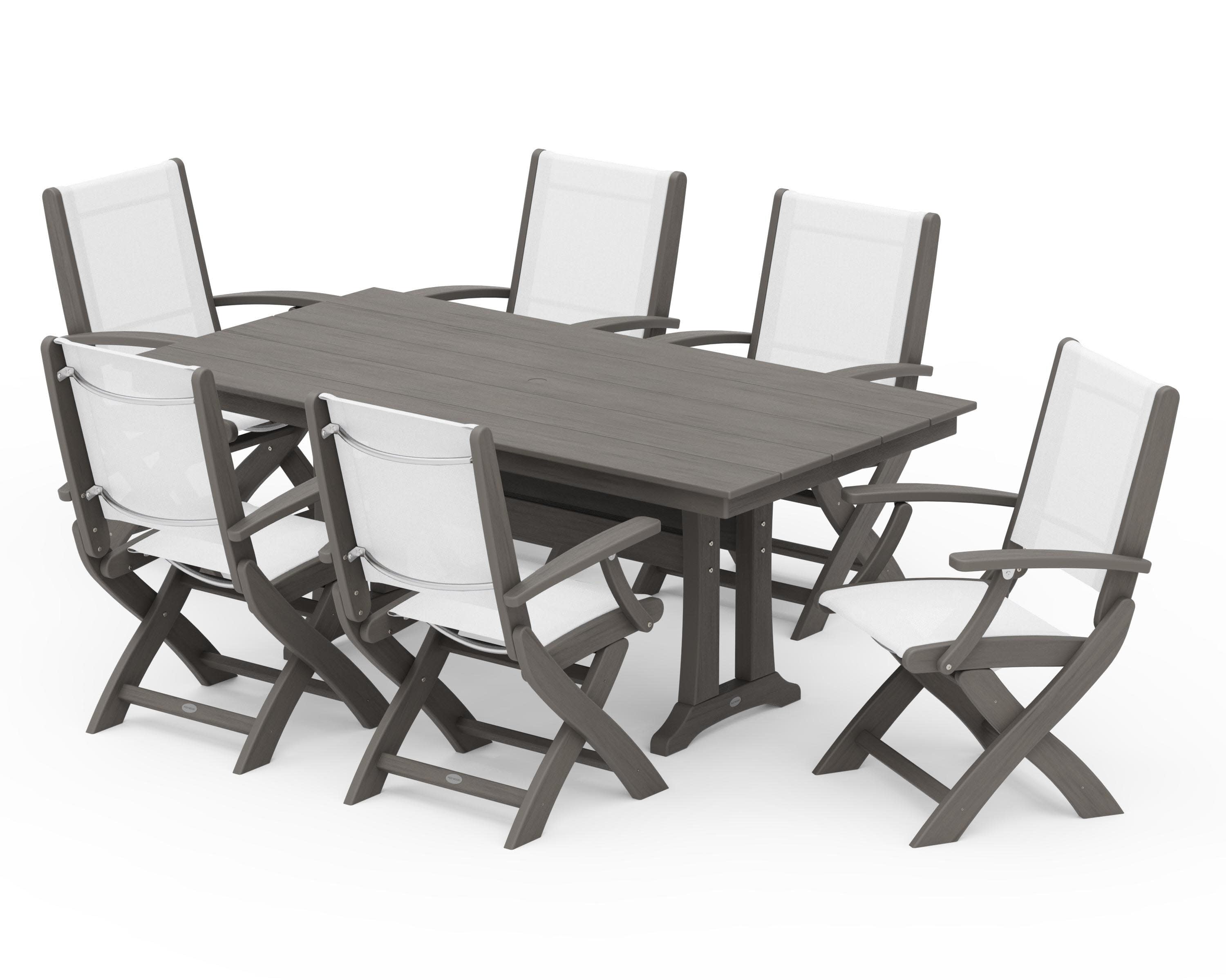 Coastal Folding Arm Chair 7-Piece Farmhouse Dining Set with Trestle Legs in Driftwood / White Sling