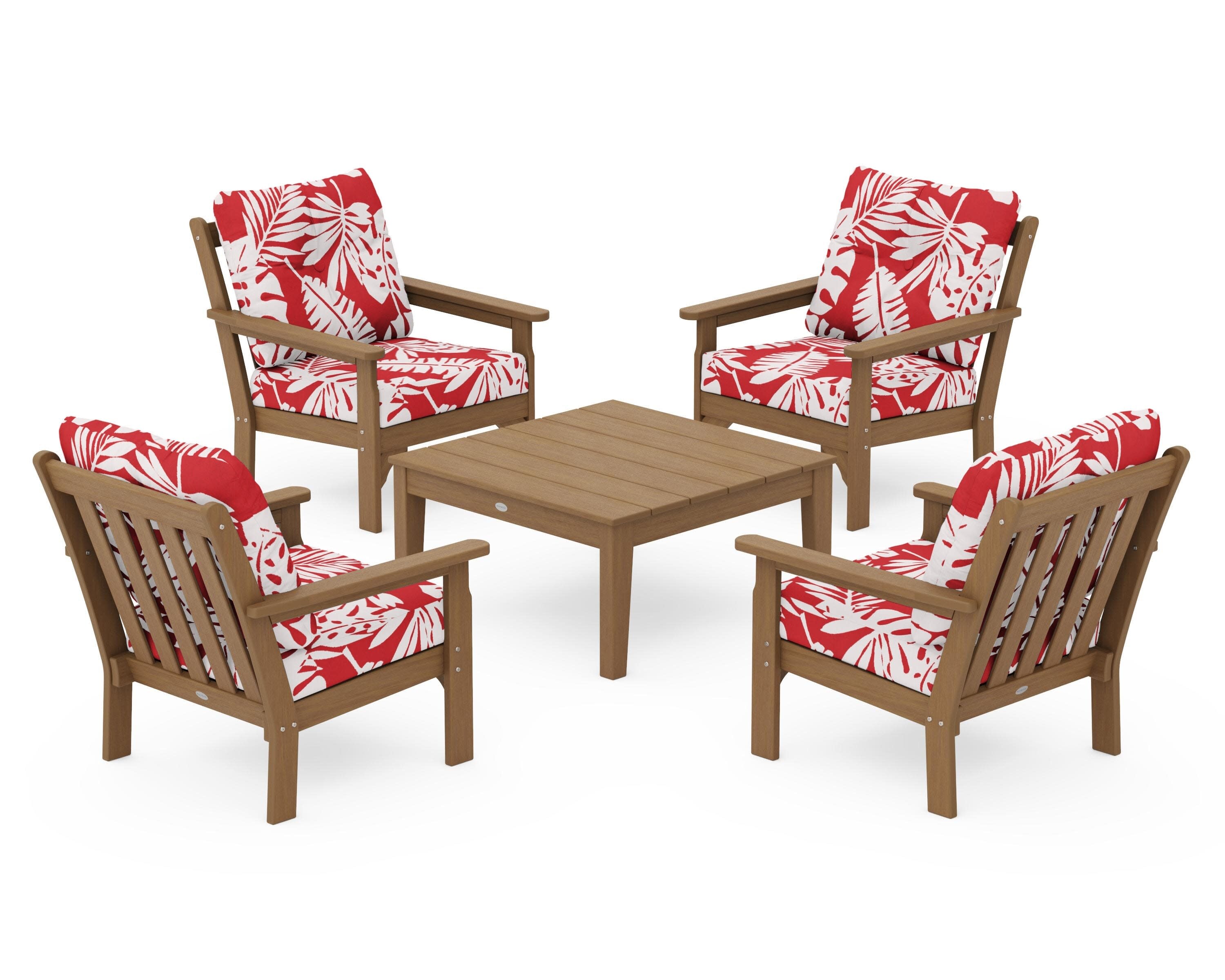 Vineyard 5-Piece Deep Seating Conversation Set in Natural / Leaf Crimson