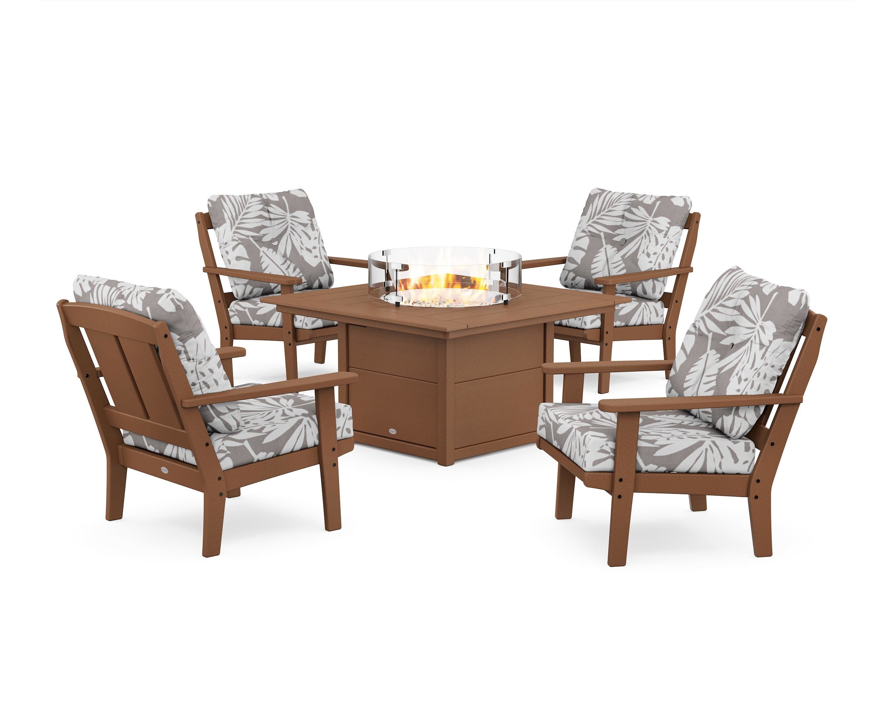 Mission 5-Piece Deep Seating Set with Fire Pit Table in Teak / Leaf Grey Mist
