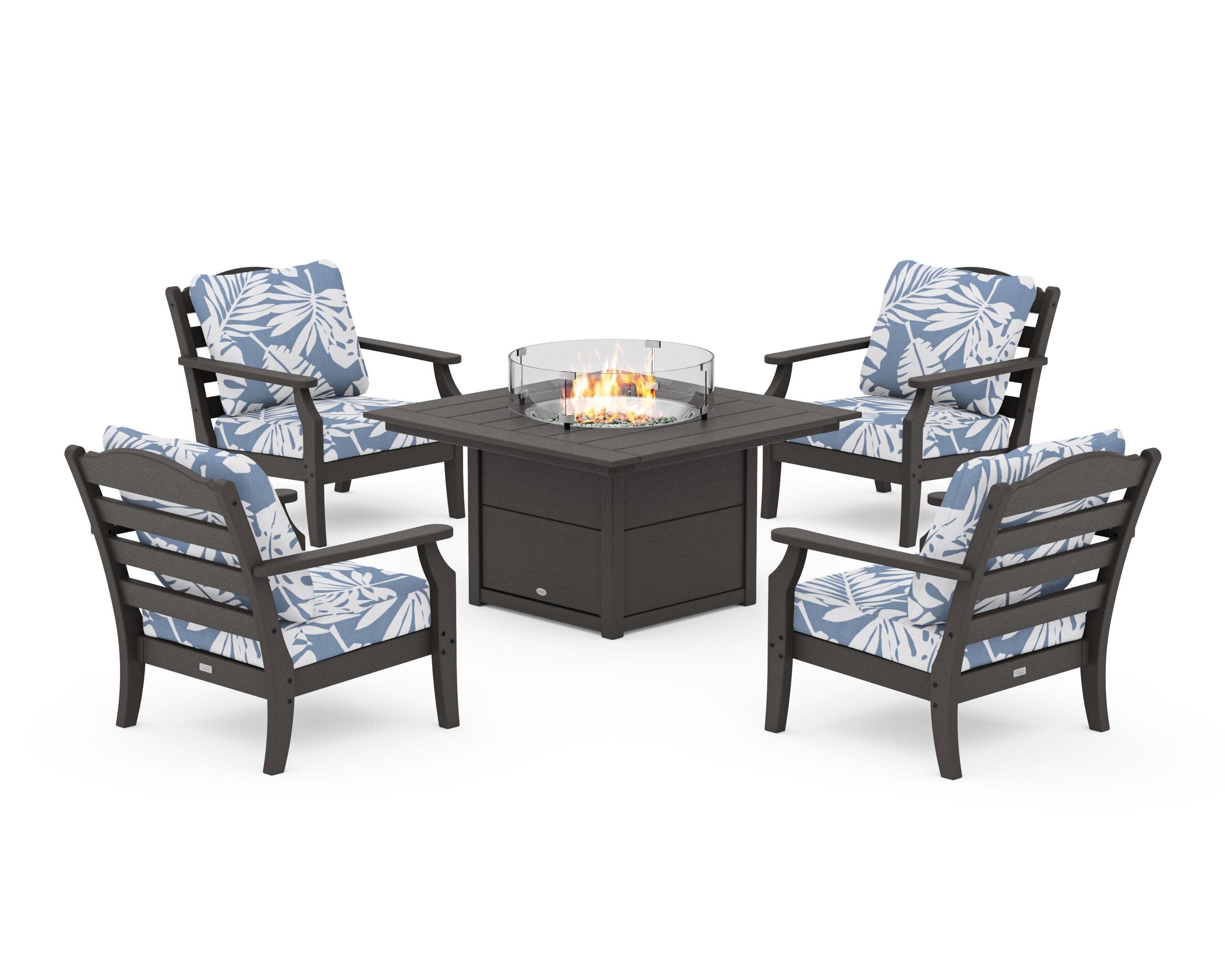 Savannah 5-Piece Deep Seating Set with Fire Pit Table in Vintage Coffee / Leaf Sky Blue