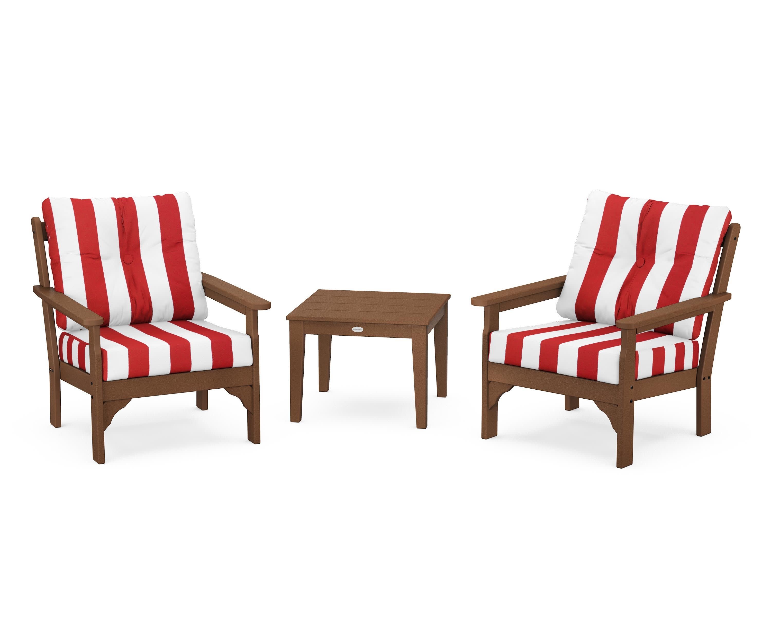 Vineyard 3-Piece Deep Seating Set in Teak / Cabana Stripe Crimson