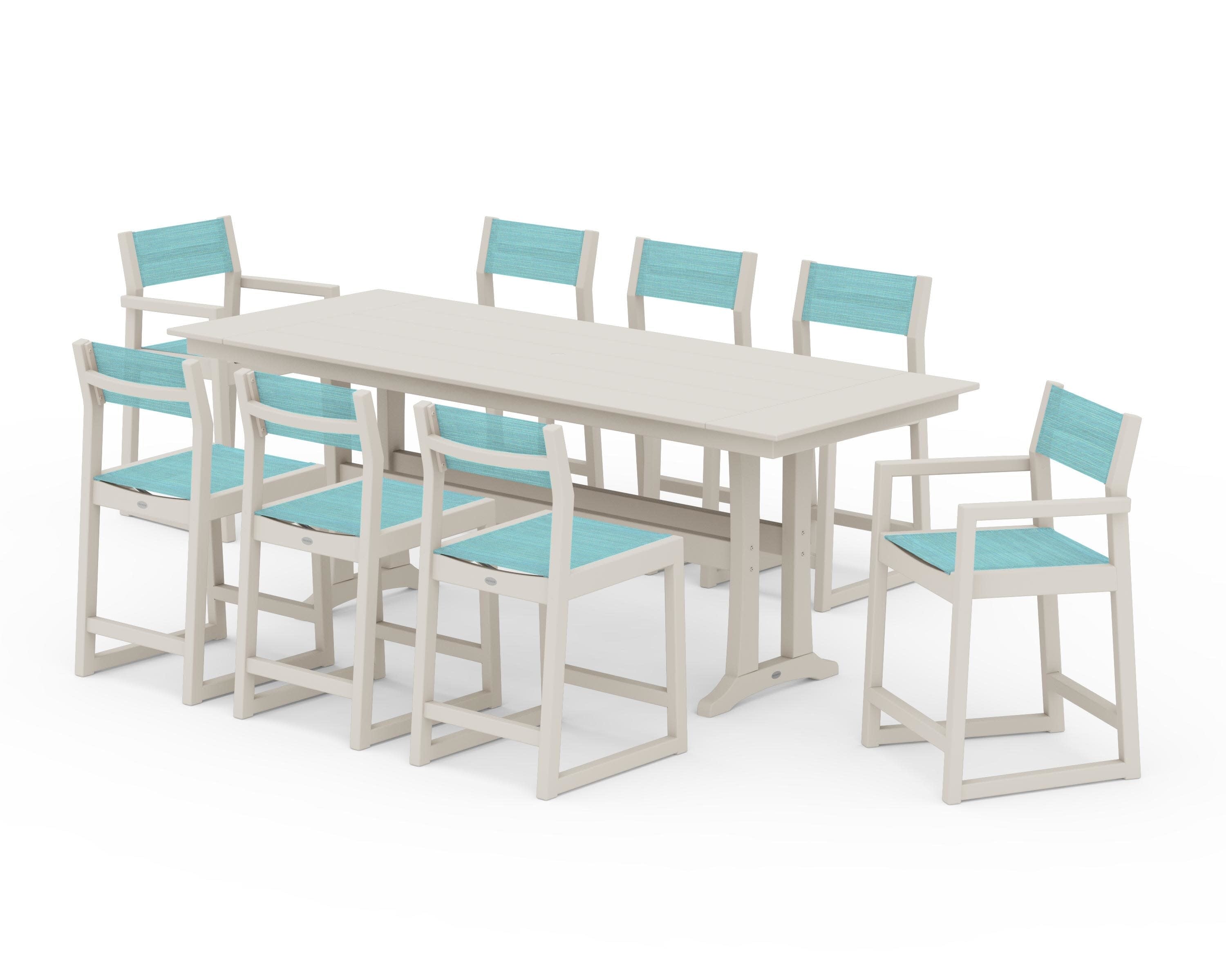 EDGE Sling 9-Piece Farmhouse Counter Set with Trestle Legs in Sand / Dupioni Aquamarine Sling