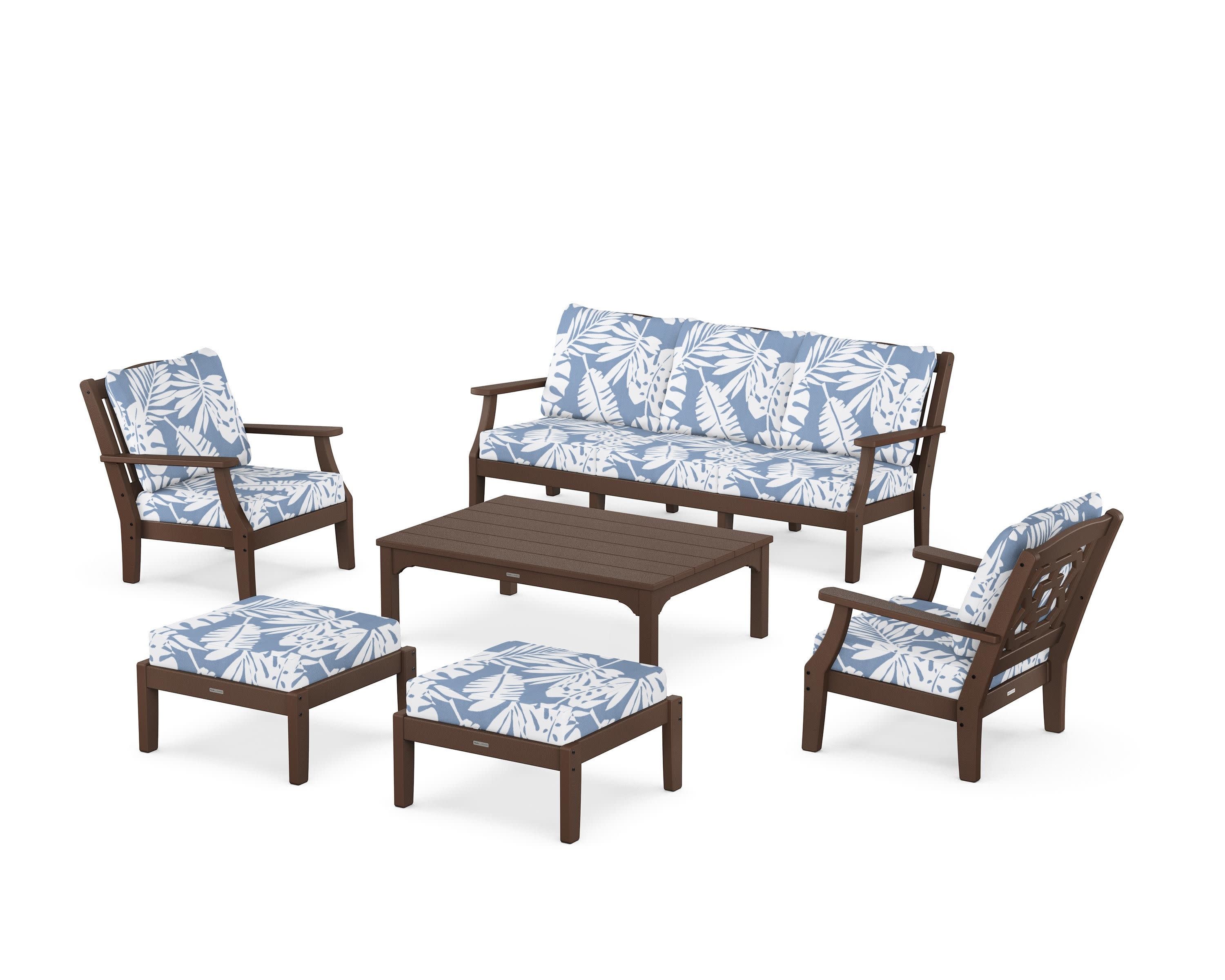 Chinoiserie 6-Piece Lounge Sofa Set in Mahogany / Leaf Sky Blue