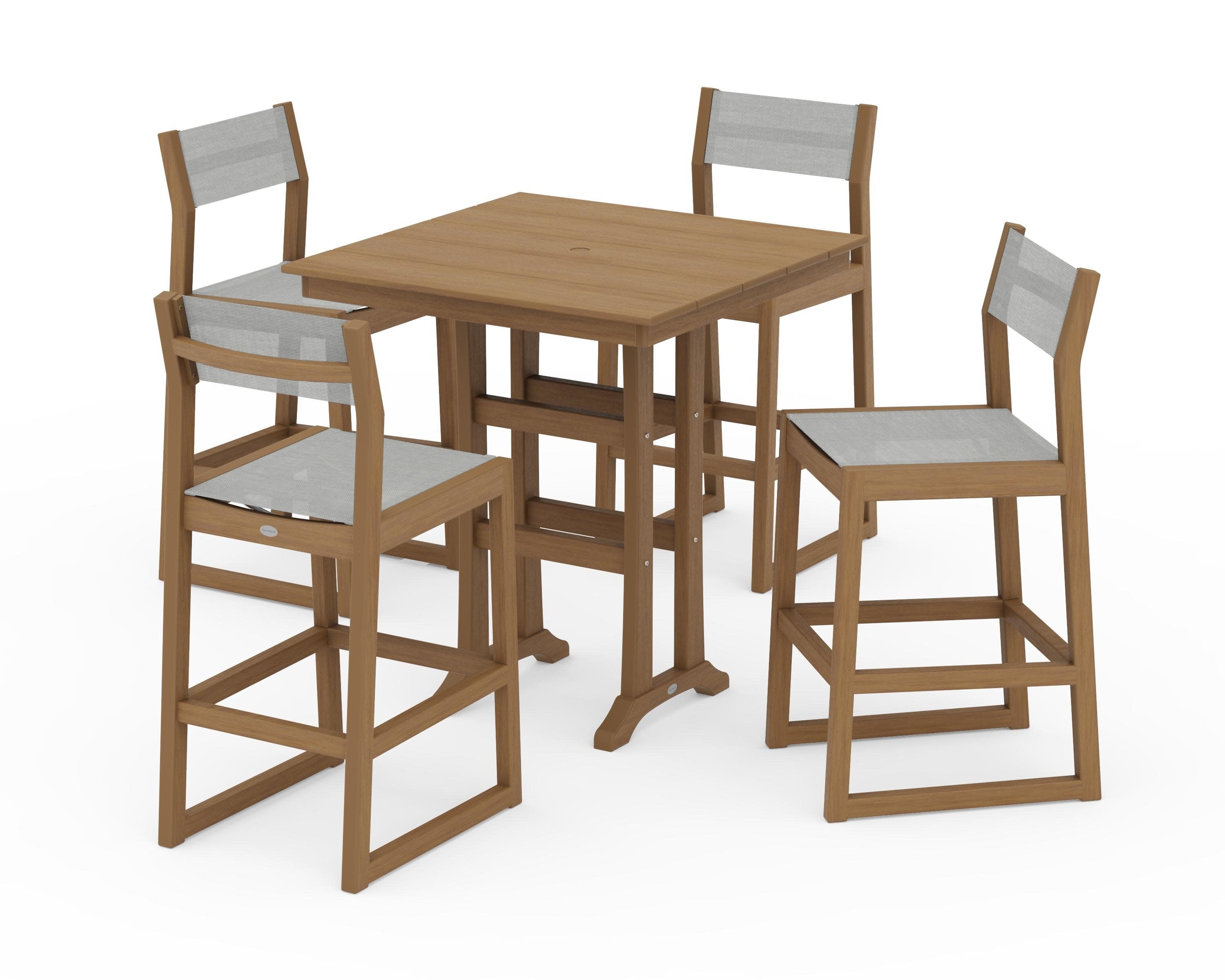 EDGE Sling Arm Chair 5-Piece Farmhouse Bar Set with Trestle Legs in Natural / Metallic Sling