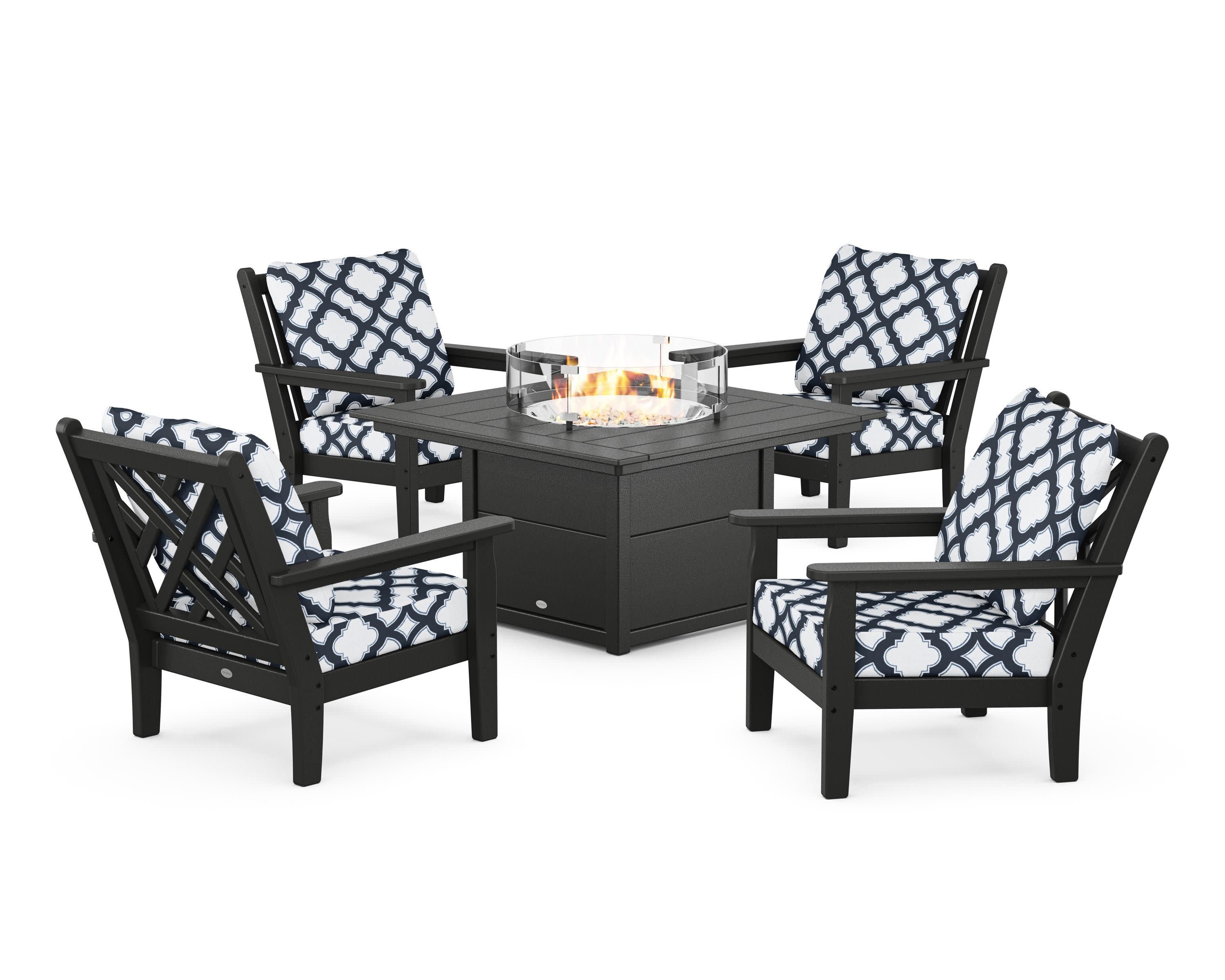 Chippendale 5-Piece Deep Seating Set with Fire Pit Table in Black / Trellis Marine Indigo