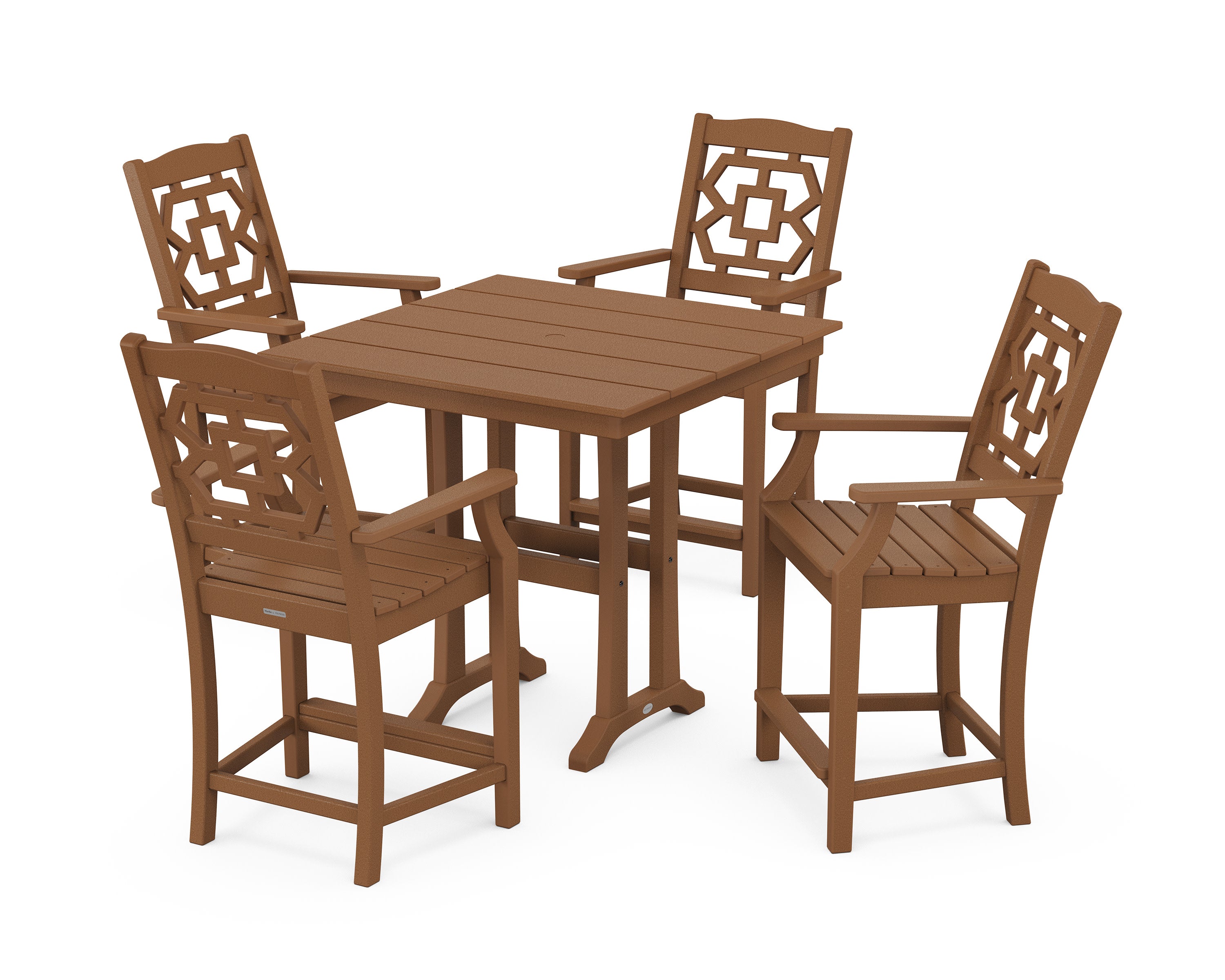 Chinoiserie 5-Piece Farmhouse Counter Set with Trestle Legs in Teak