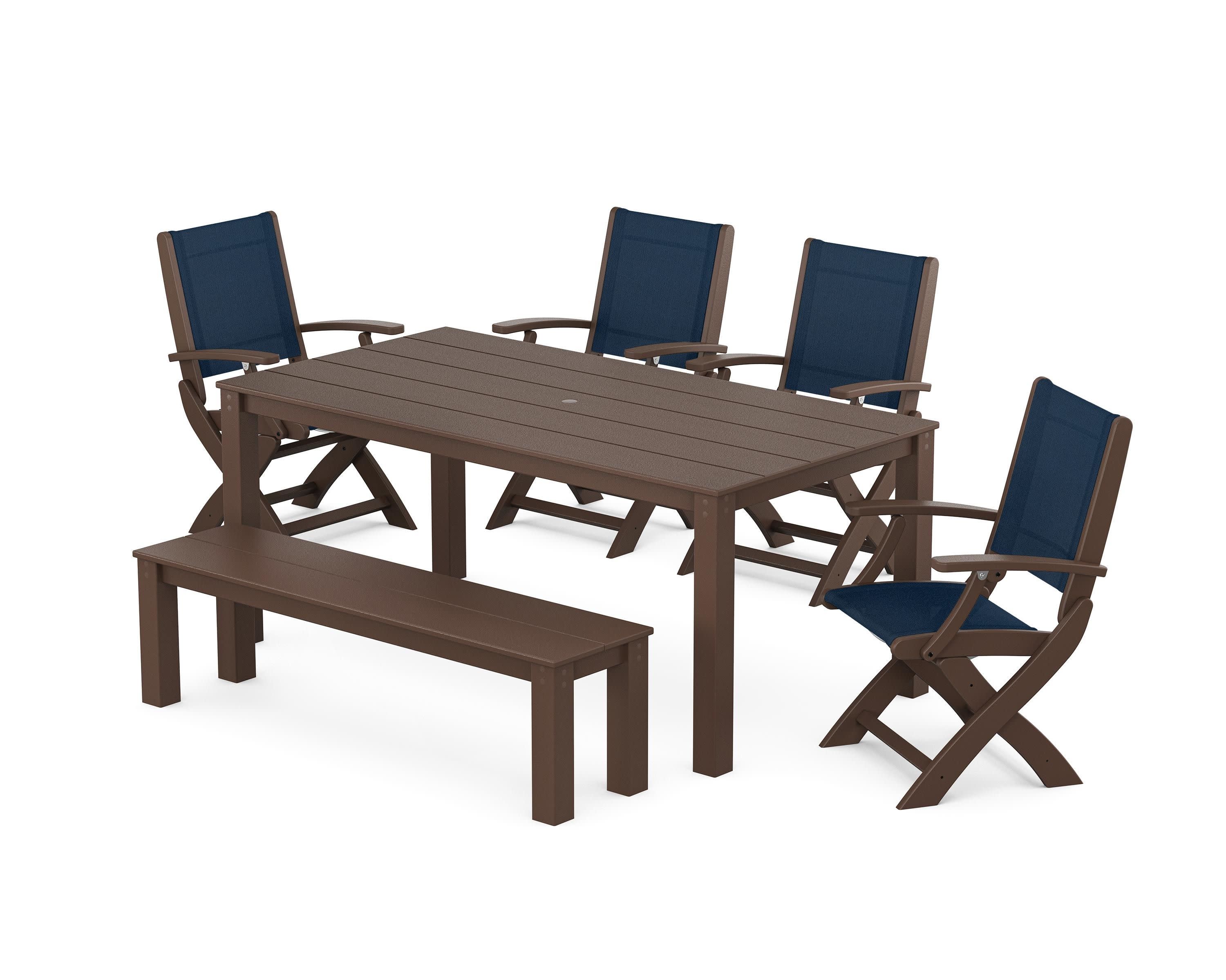 Coastal Folding Chair 6-Piece Parsons Dining Set with Bench in Mahogany / Navy Blue Sling
