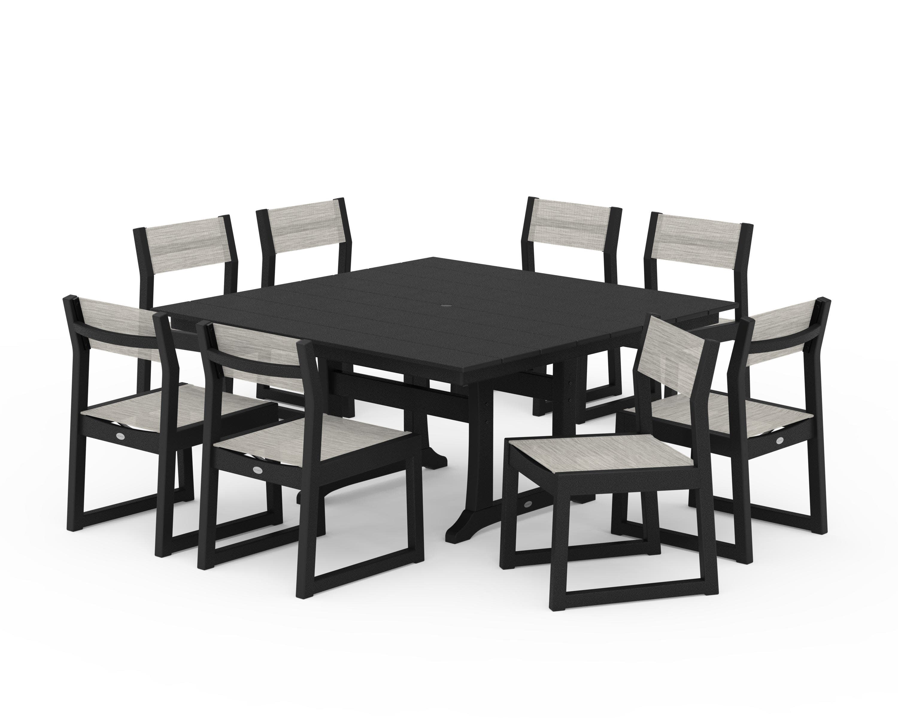 EDGE Sling Side Chair 9-Piece Farmhouse Trestle Dining Set in Black / Birch Sling