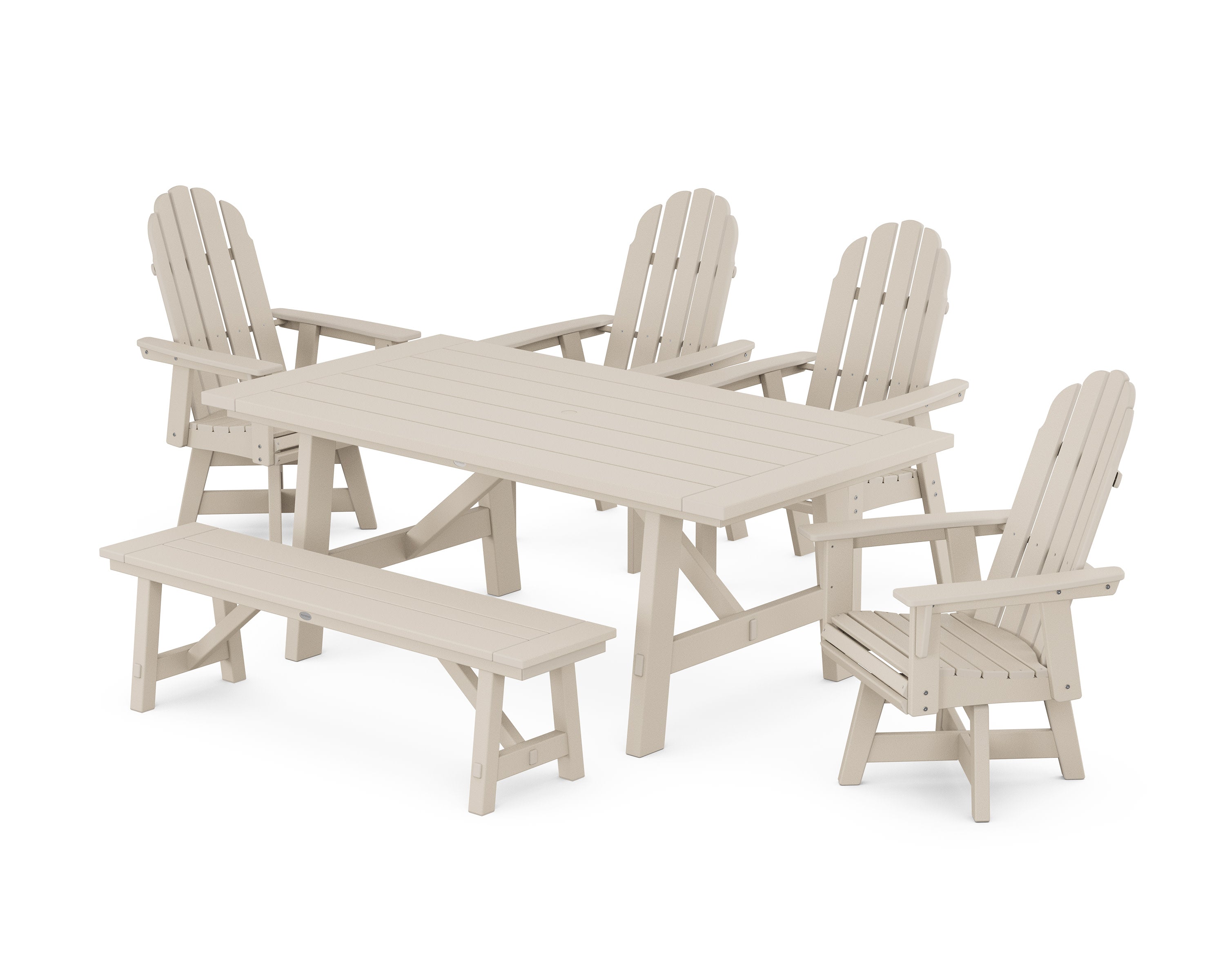 Vineyard Curveback Adirondack Swivel Chair 6-Piece Rustic Farmhouse Dining Set With Bench in Sand