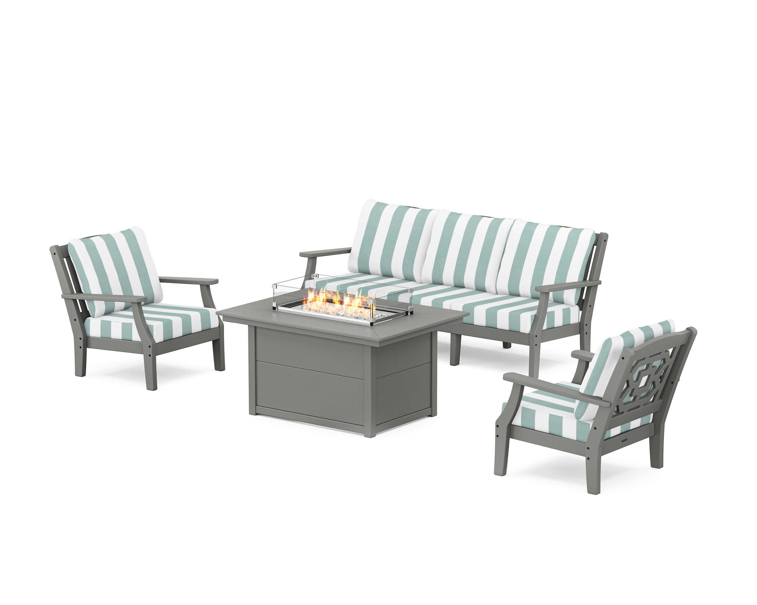 Chinoiserie Deep Seating Fire Pit Table Set in Slate Grey / Cabana Stripe Glacier Spa