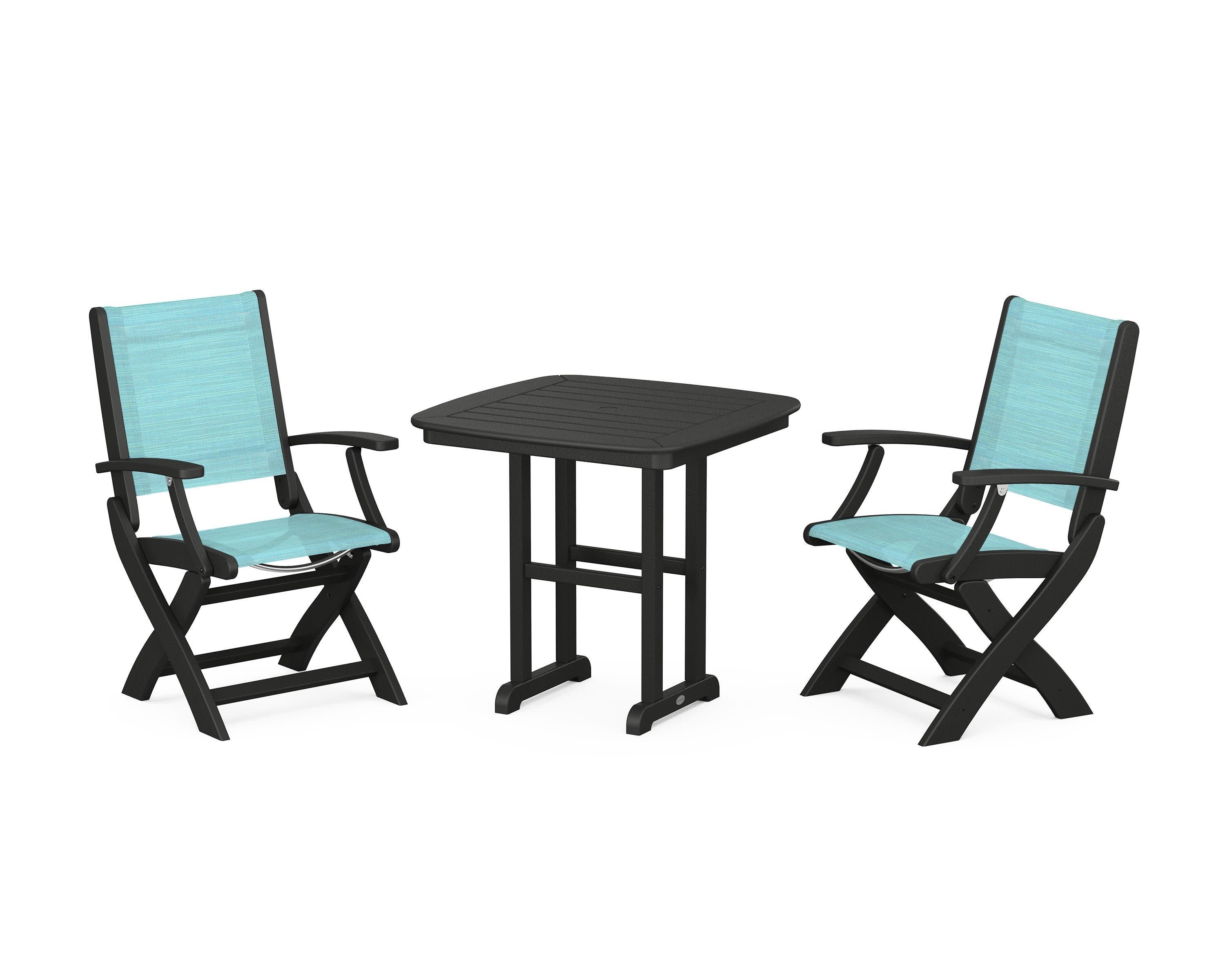 Coastal Folding Chair 3-Piece Dining Set in Black / Dupioni Aquamarine Sling