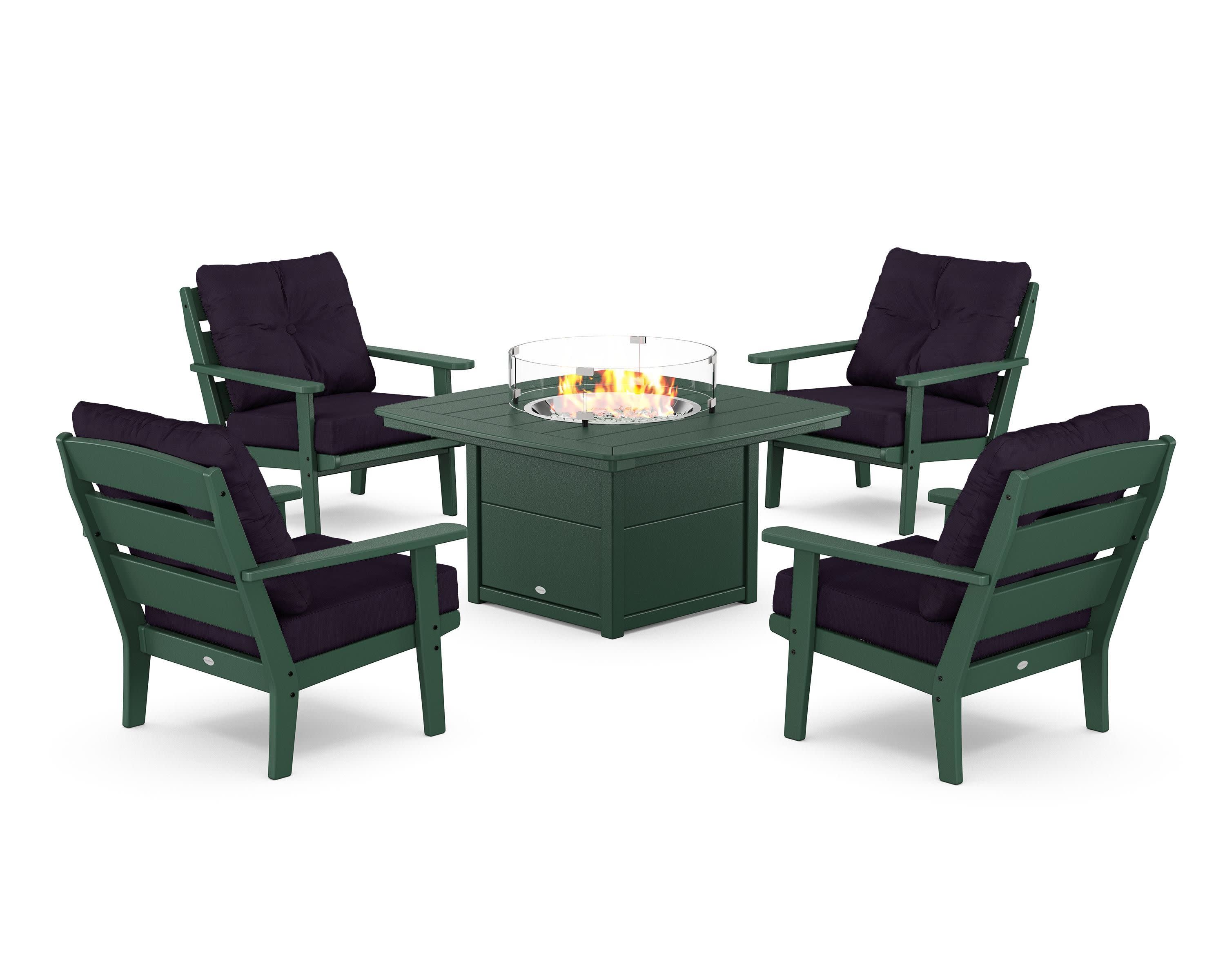 Lakeside 5-Piece Deep Seating Set with Nautical Fire Pit Table in Green / Navy Linen