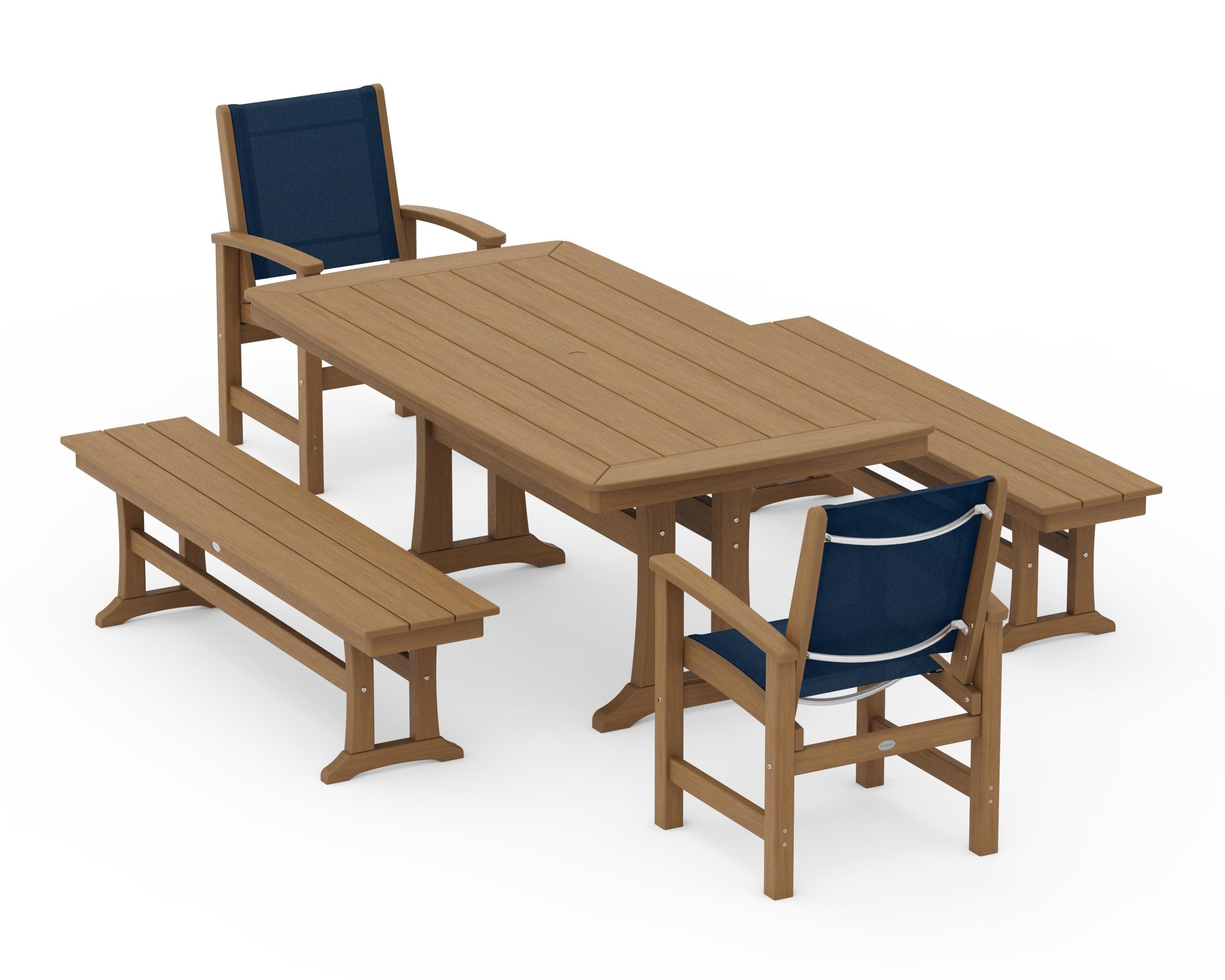 Coastal 5-Piece Dining Set with Trestle Legs and Benches in Natural / Navy Blue Sling
