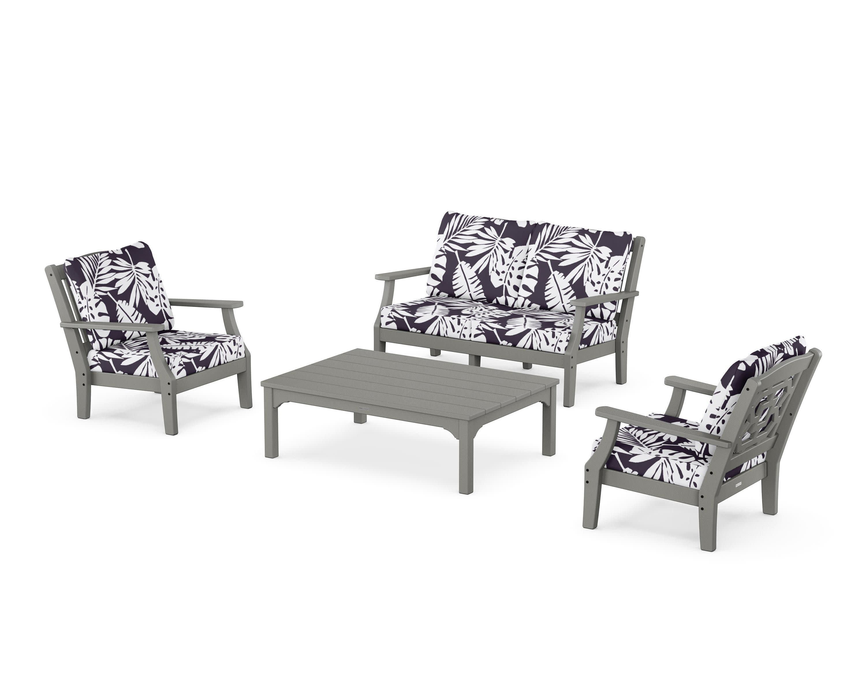 Chinoiserie 4-Piece Deep Seating Set with Loveseat in Slate Grey / Leaf Navy