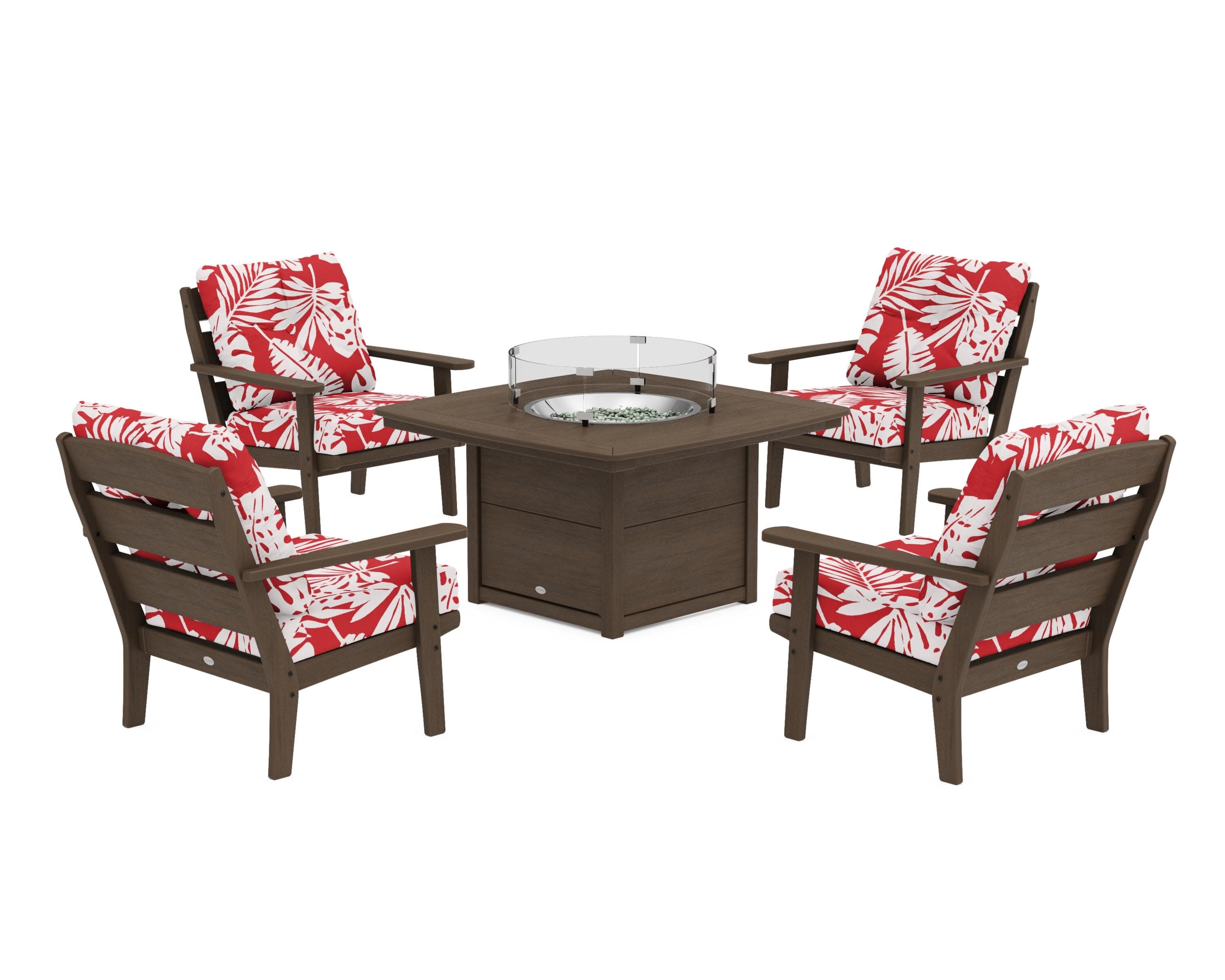 Lakeside 5-Piece Deep Seating Set with Nautical Fire Pit Table in Kona / Leaf Crimson