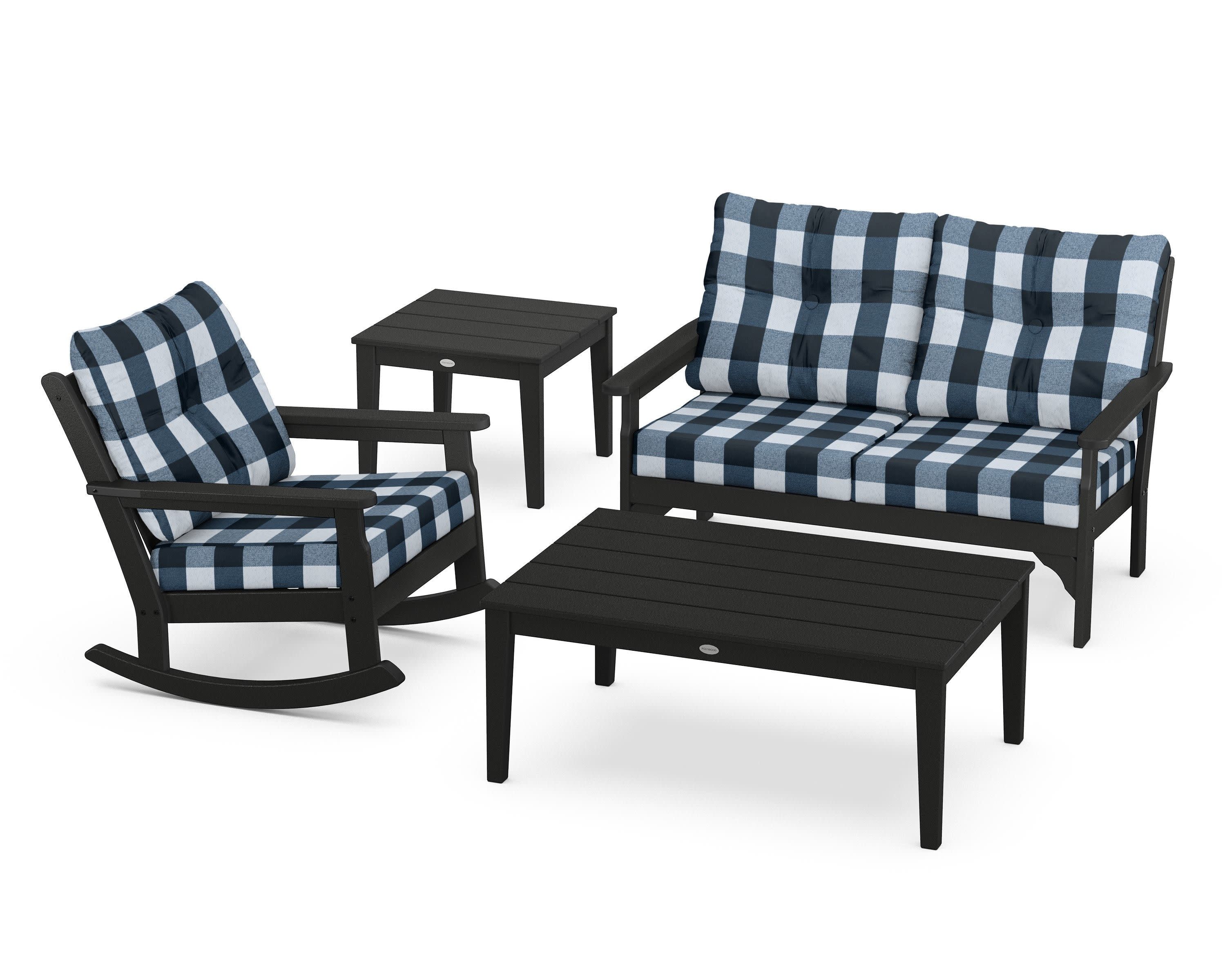 Vineyard 4-Piece Deep Seating Rocker Set in Black / Buffalo Plaid Marine Indigo