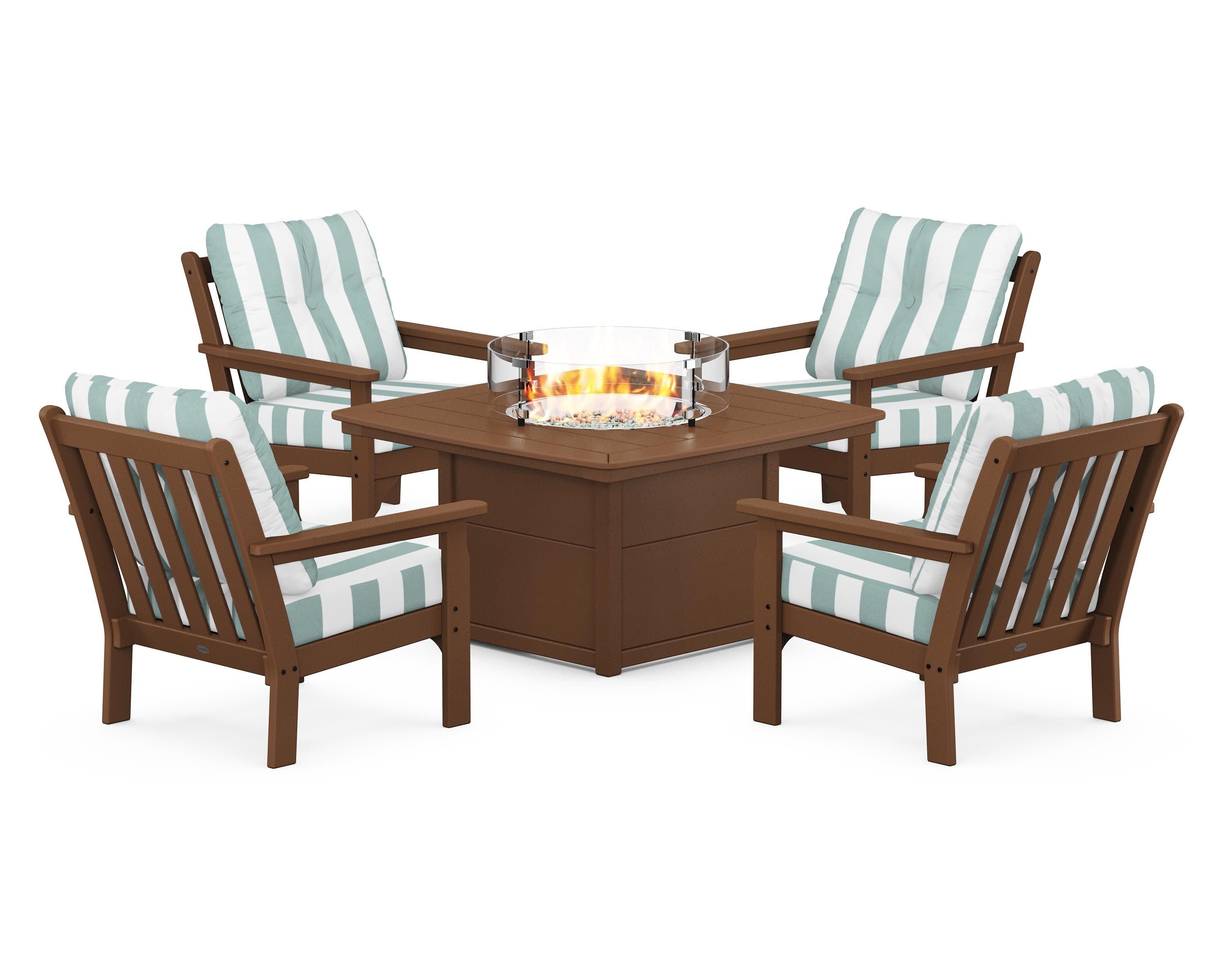 Vineyard 5-Piece Conversation Set with Fire Pit Table in Teak / Cabana Stripe Glacier Spa