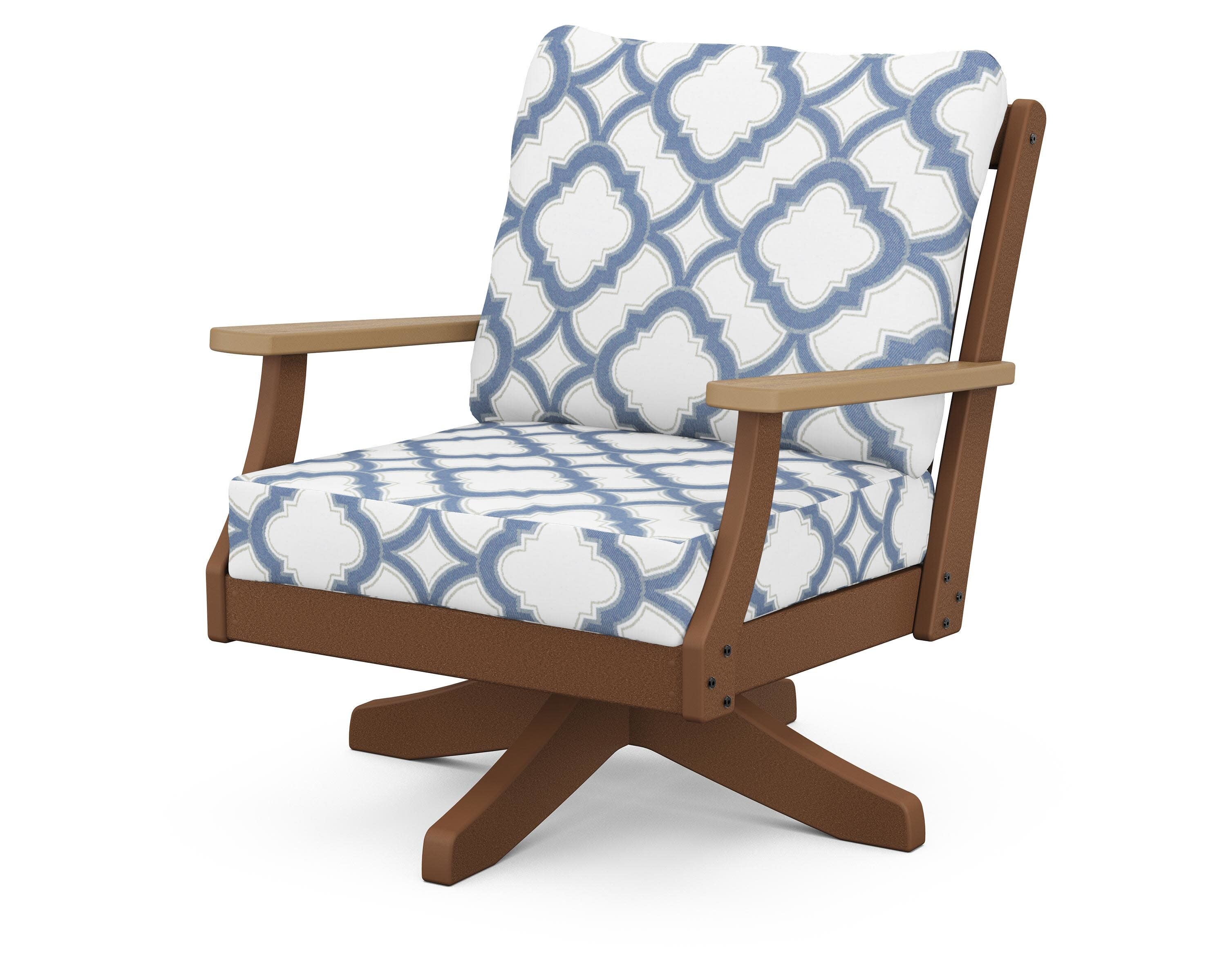 Braxton Deep Seating Swivel Chair in Teak / Natural / Trellis Sky Blue