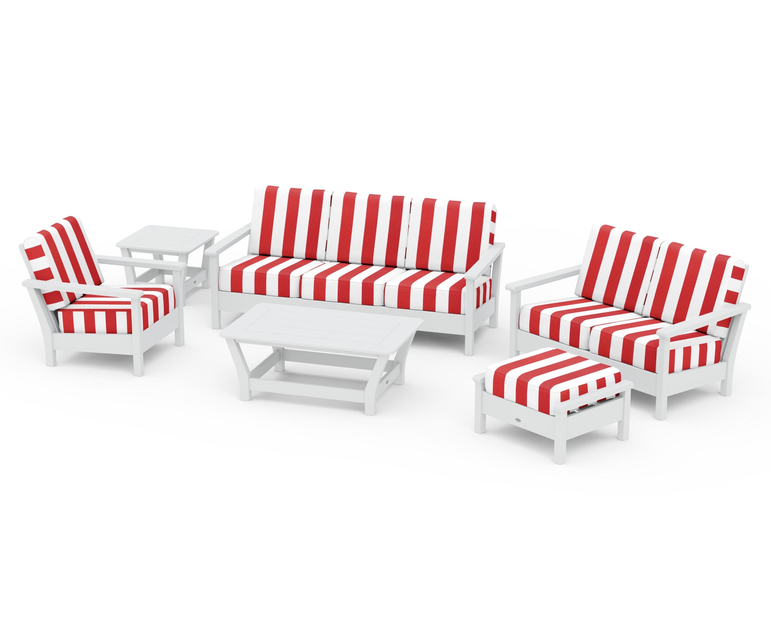 Harbour 6-Piece Outdoor Living Set in White / Cabana Stripe Crimson