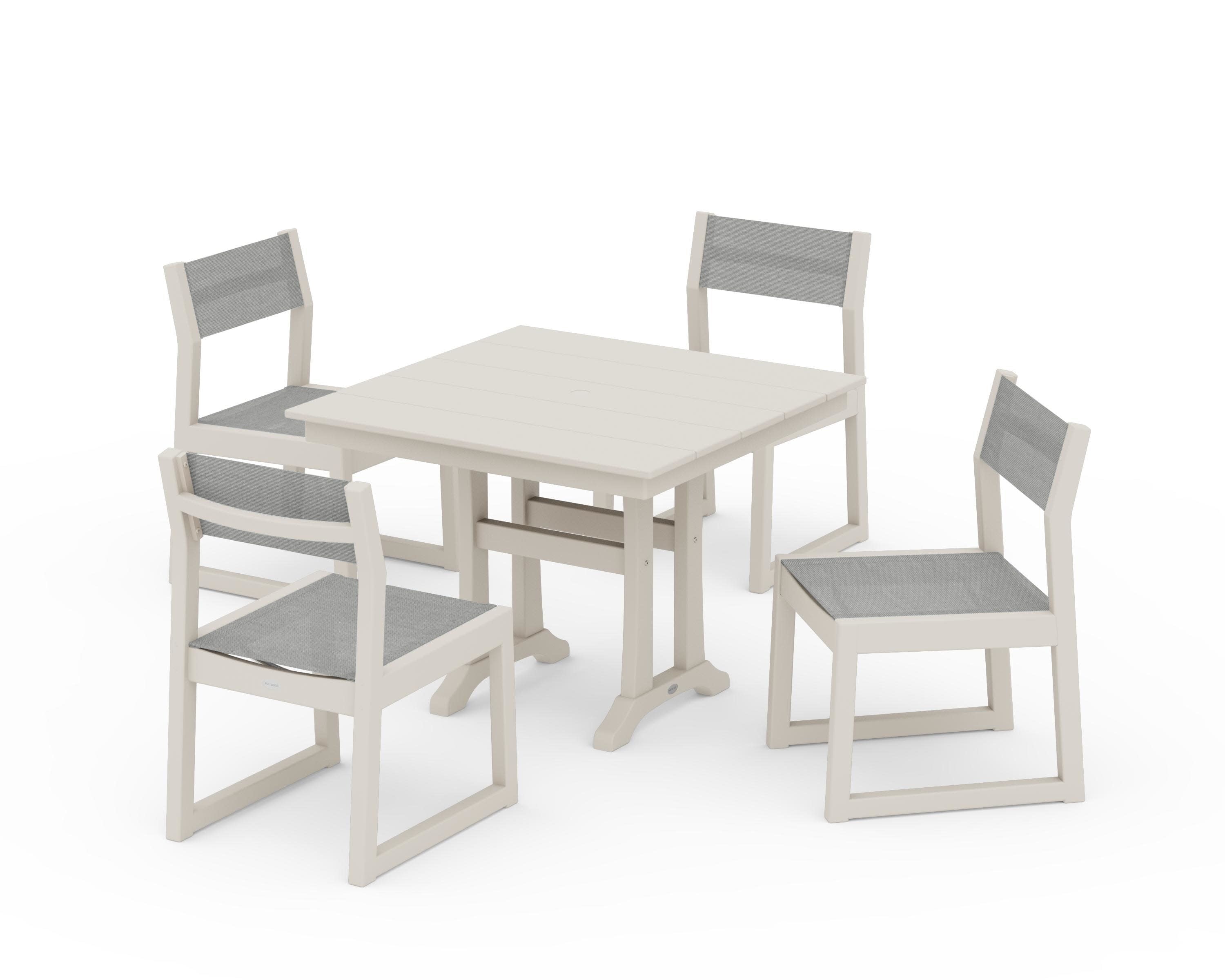EDGE Sling 5-Piece Farmhouse Trestle Side Chair Dining Set in Sand / Metallic Sling