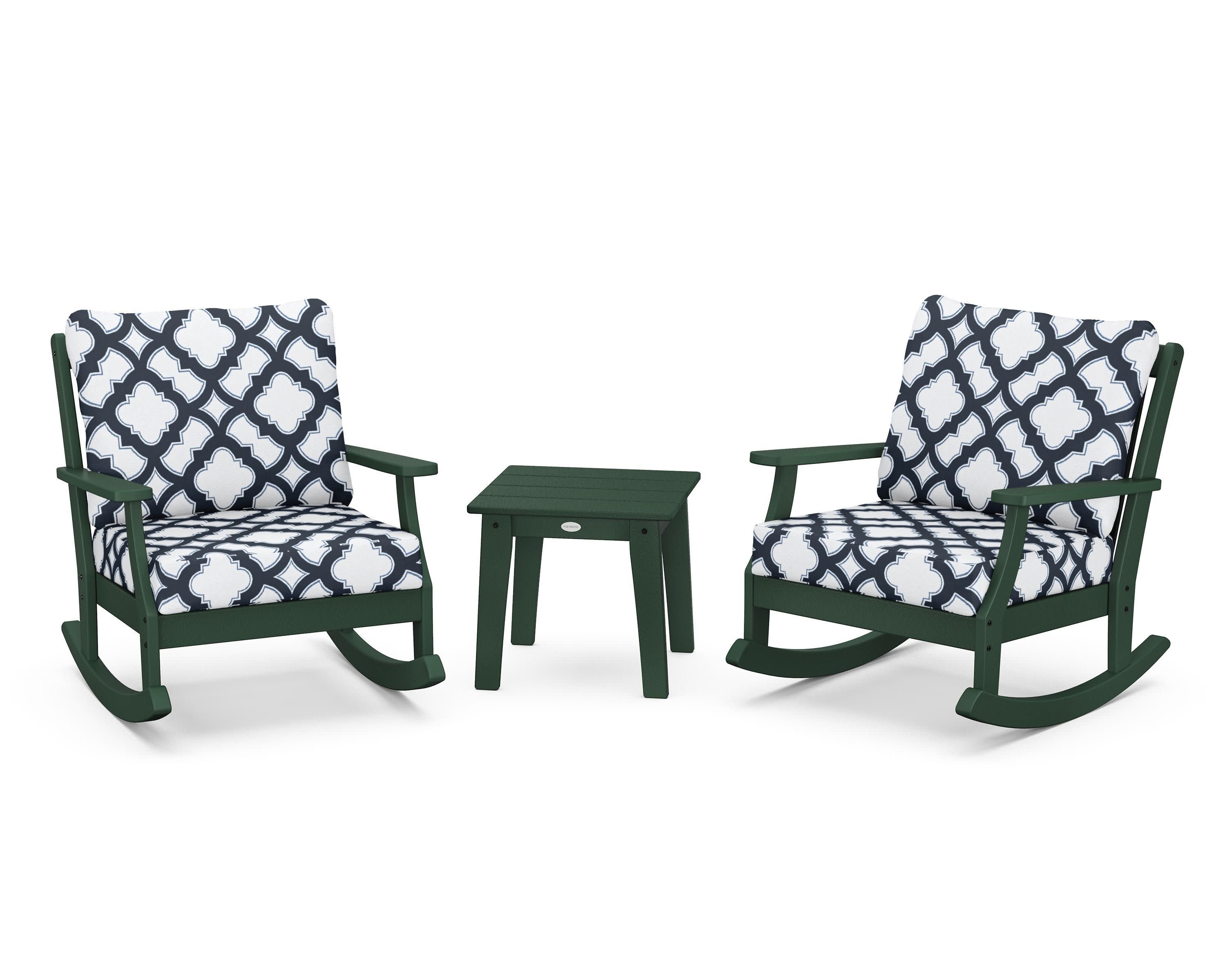 Braxton 3-Piece Deep Seating Rocker Set in Green / Trellis Marine Indigo