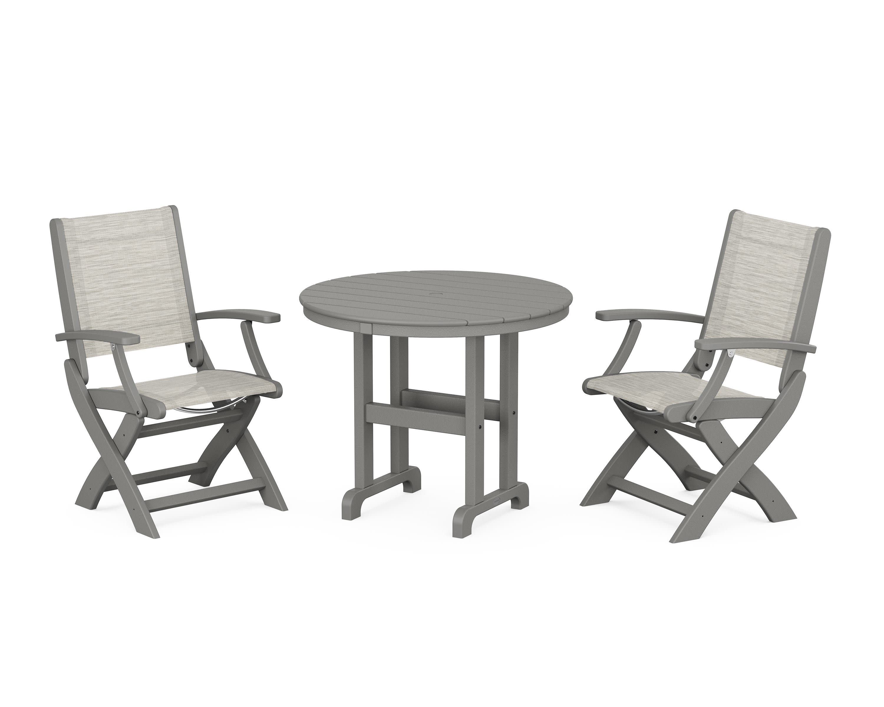Coastal Folding Chair 3-Piece Round Dining Set in Slate Grey / Birch Sling