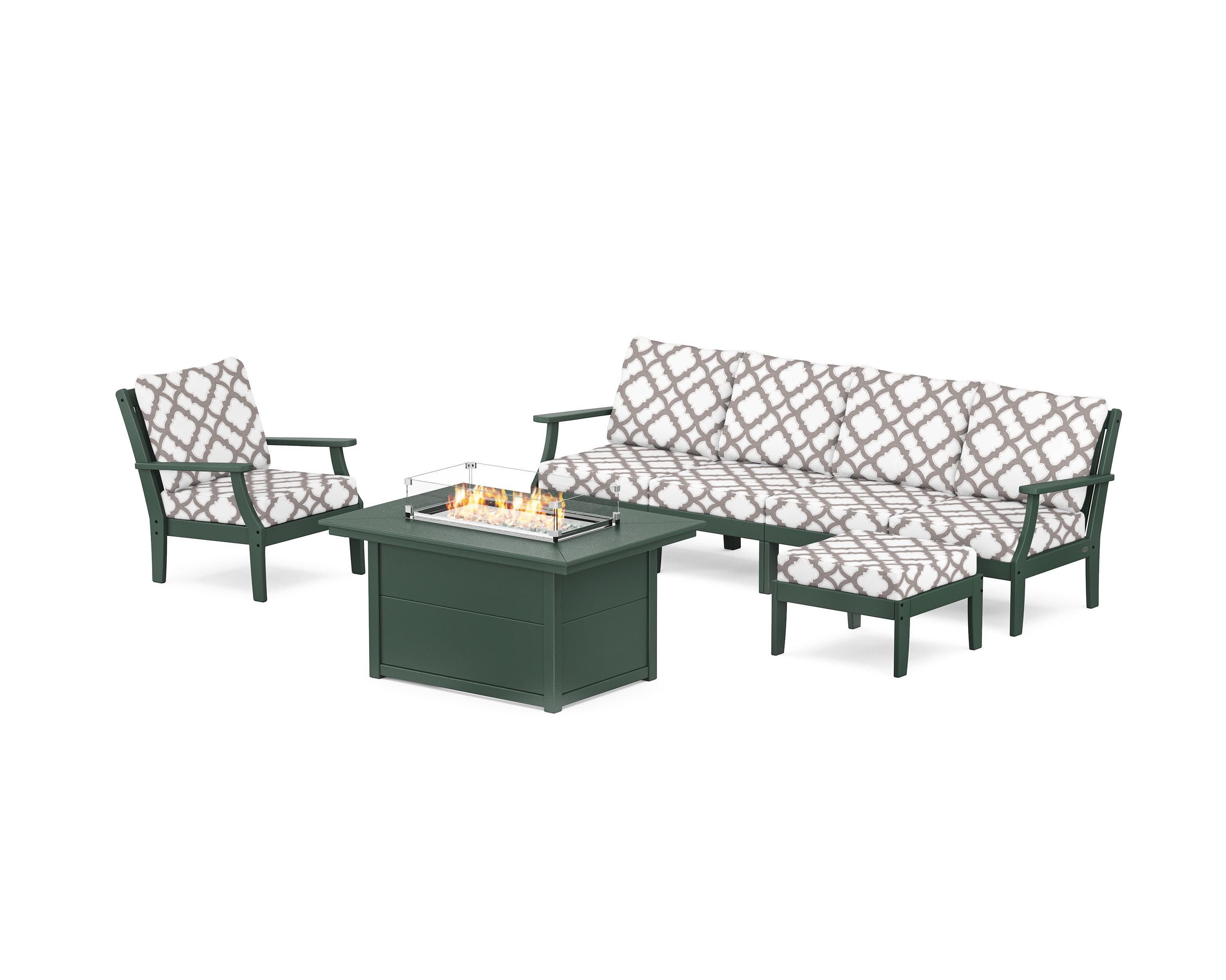 Braxton Sectional Lounge and Fire Pit Set in Green / Trellis Grey Mist