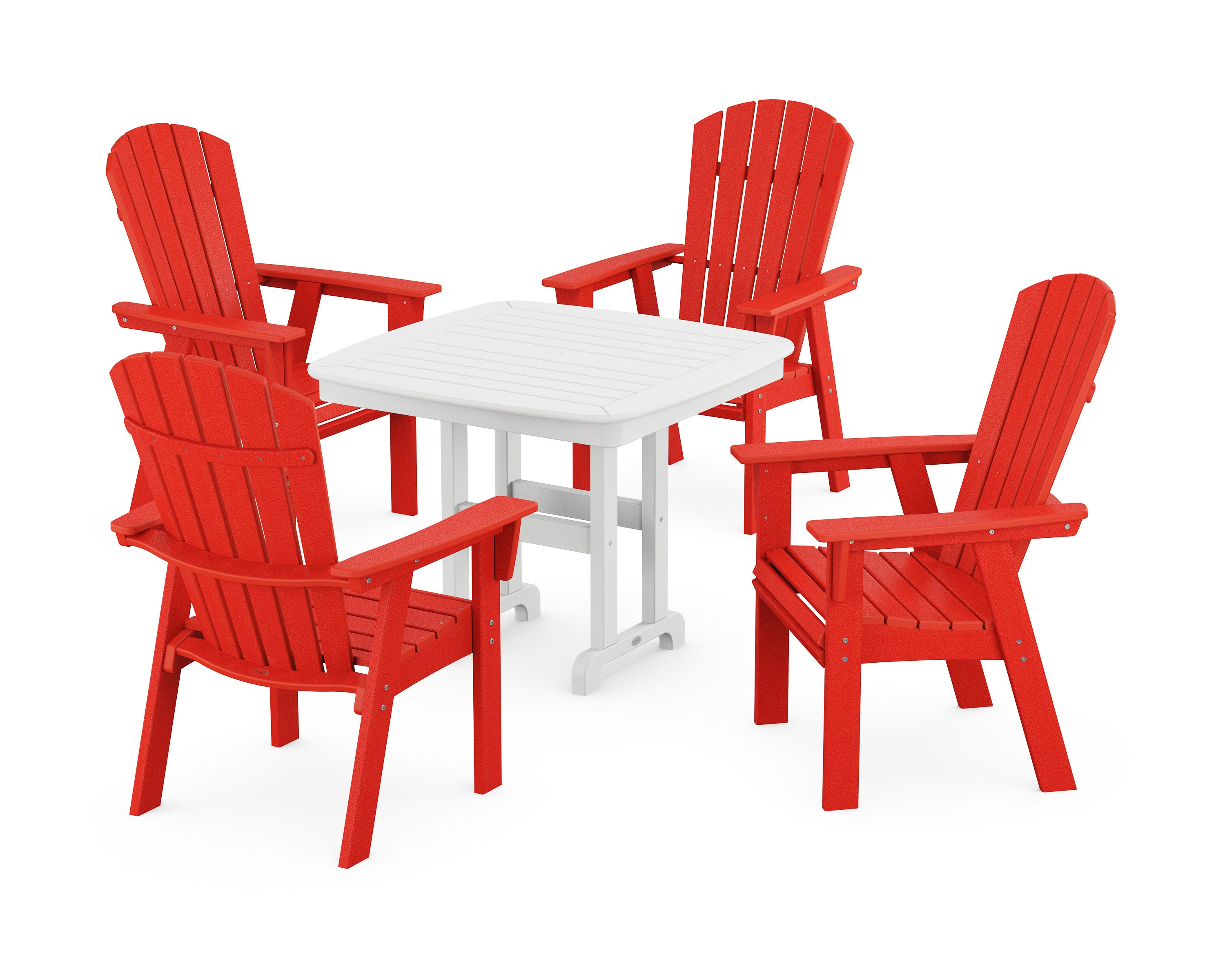 Nautical Curveback Adirondack 5-Piece Dining Set in Sunset Red / White