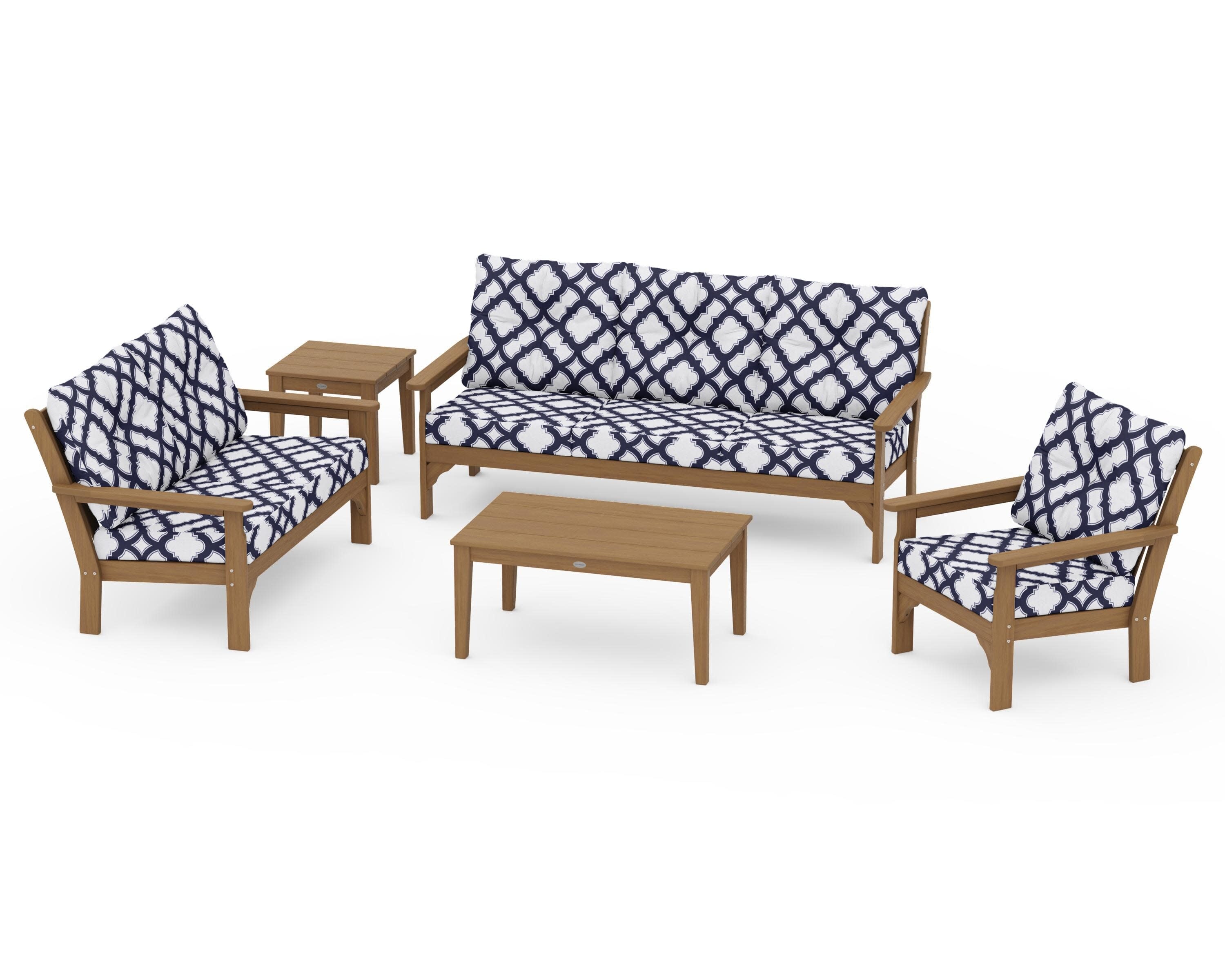 Vineyard 5 Piece Deep Seating Set in Natural / Trellis Navy
