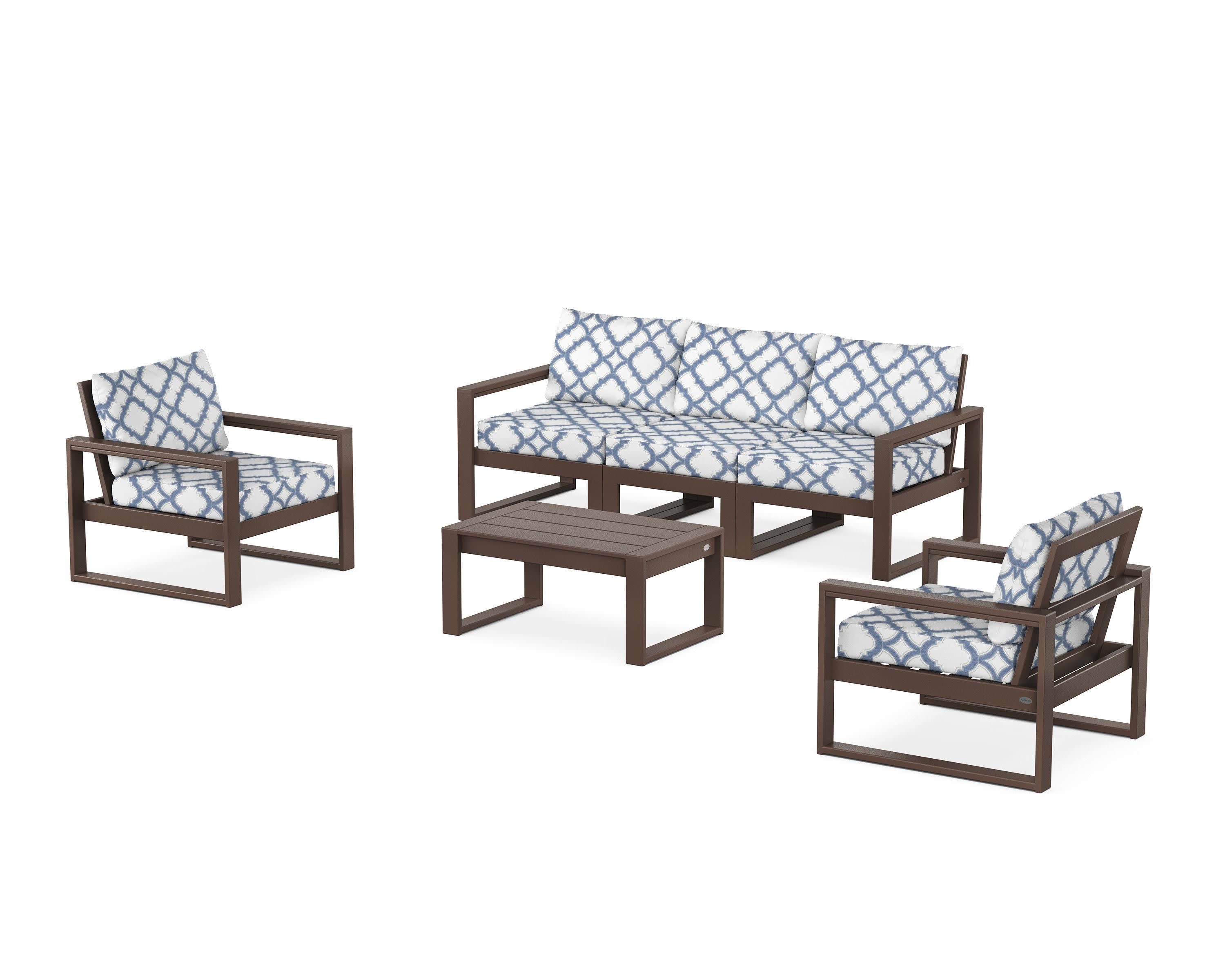 EDGE Sectional 4-Piece Deep Seating Set with Sofa in Mahogany / Trellis Sky Blue