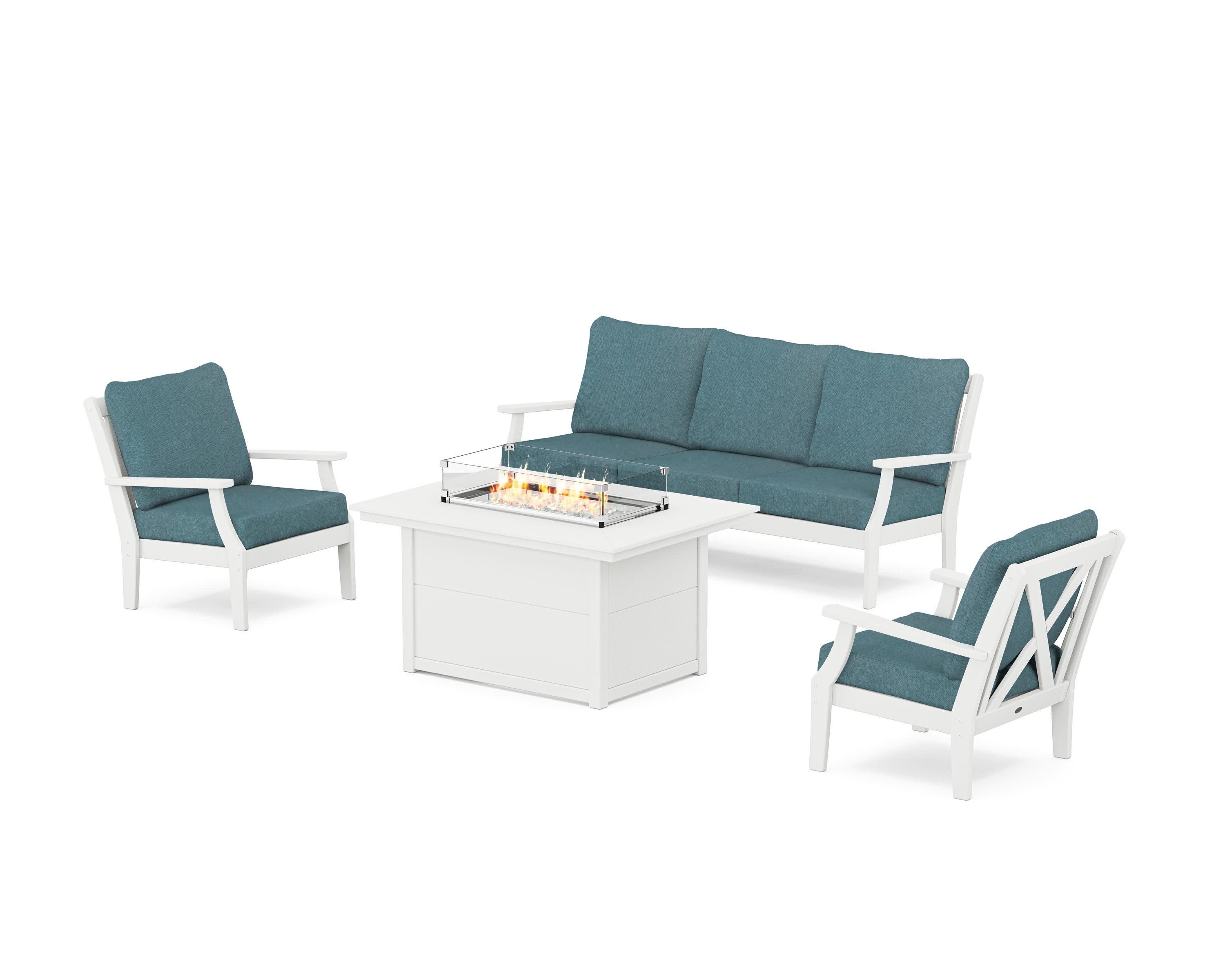 Braxton Deep Seating Fire Pit Table Set in White / Ocean Teal