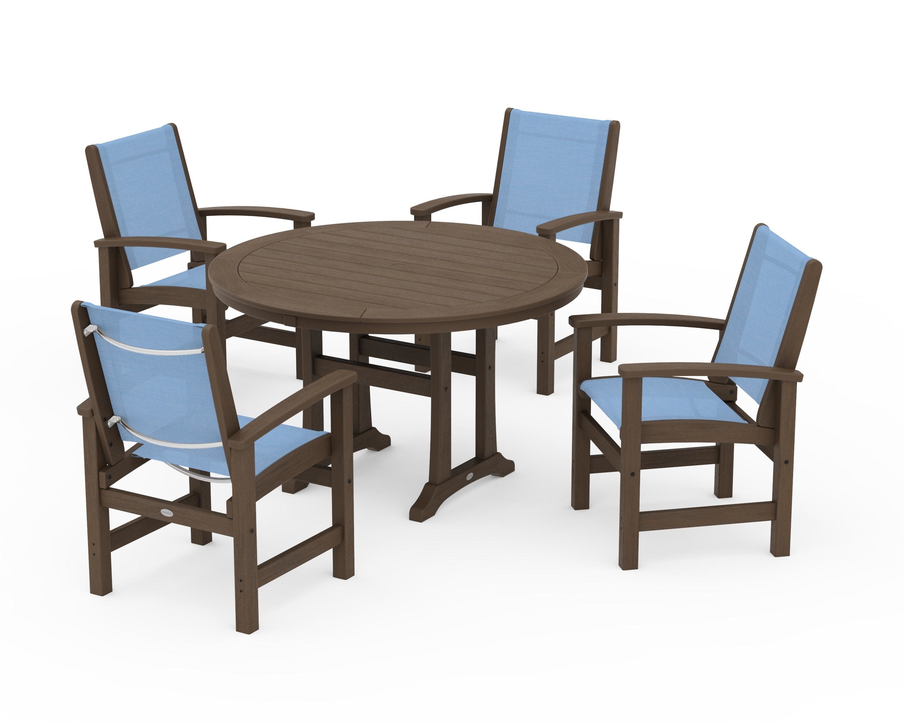 Coastal 5-Piece Round Dining Set with Trestle Legs in Kona / Poolside Sling