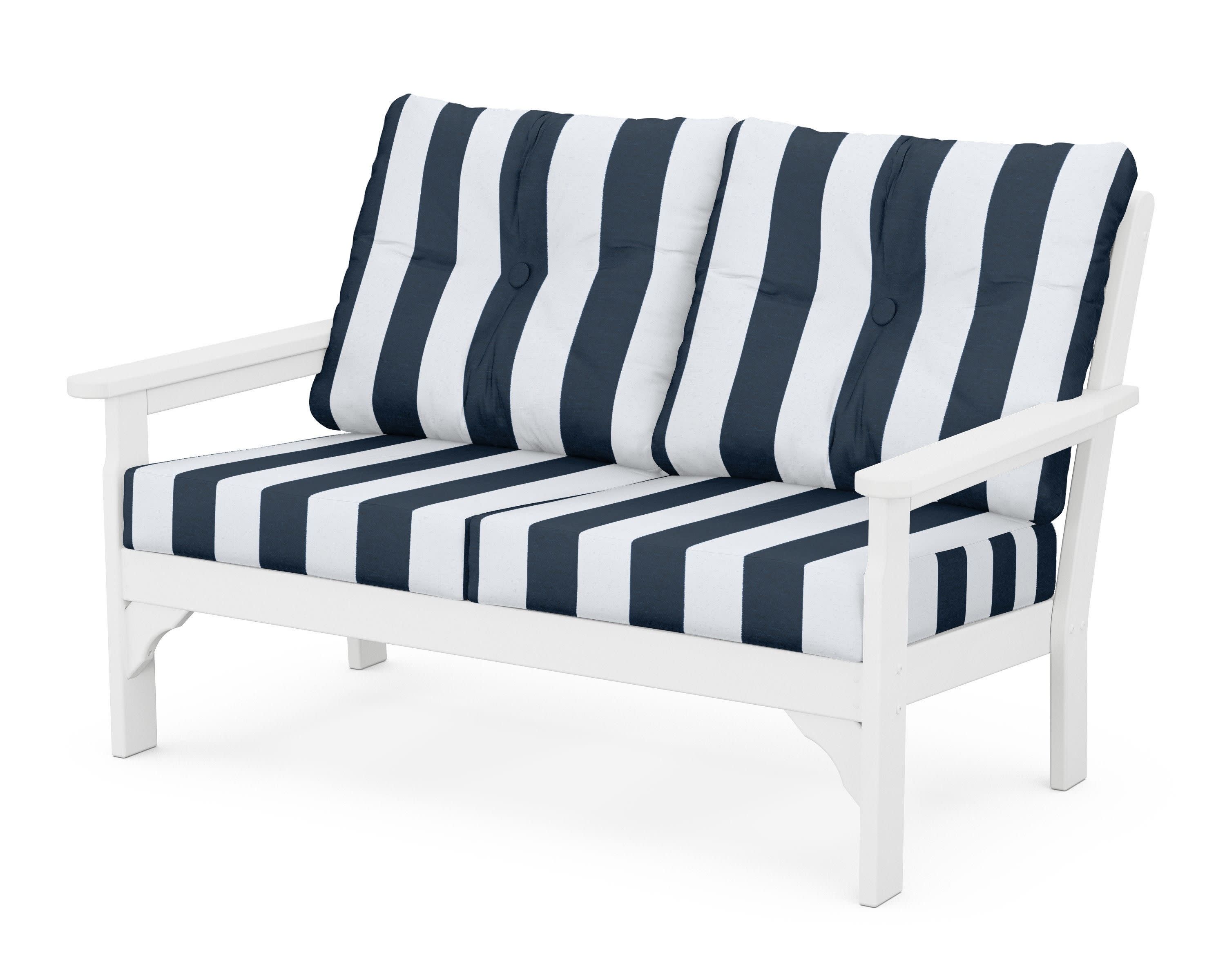 Vineyard Deep Seating Loveseat in White / Cabana Stripe Marine Indigo