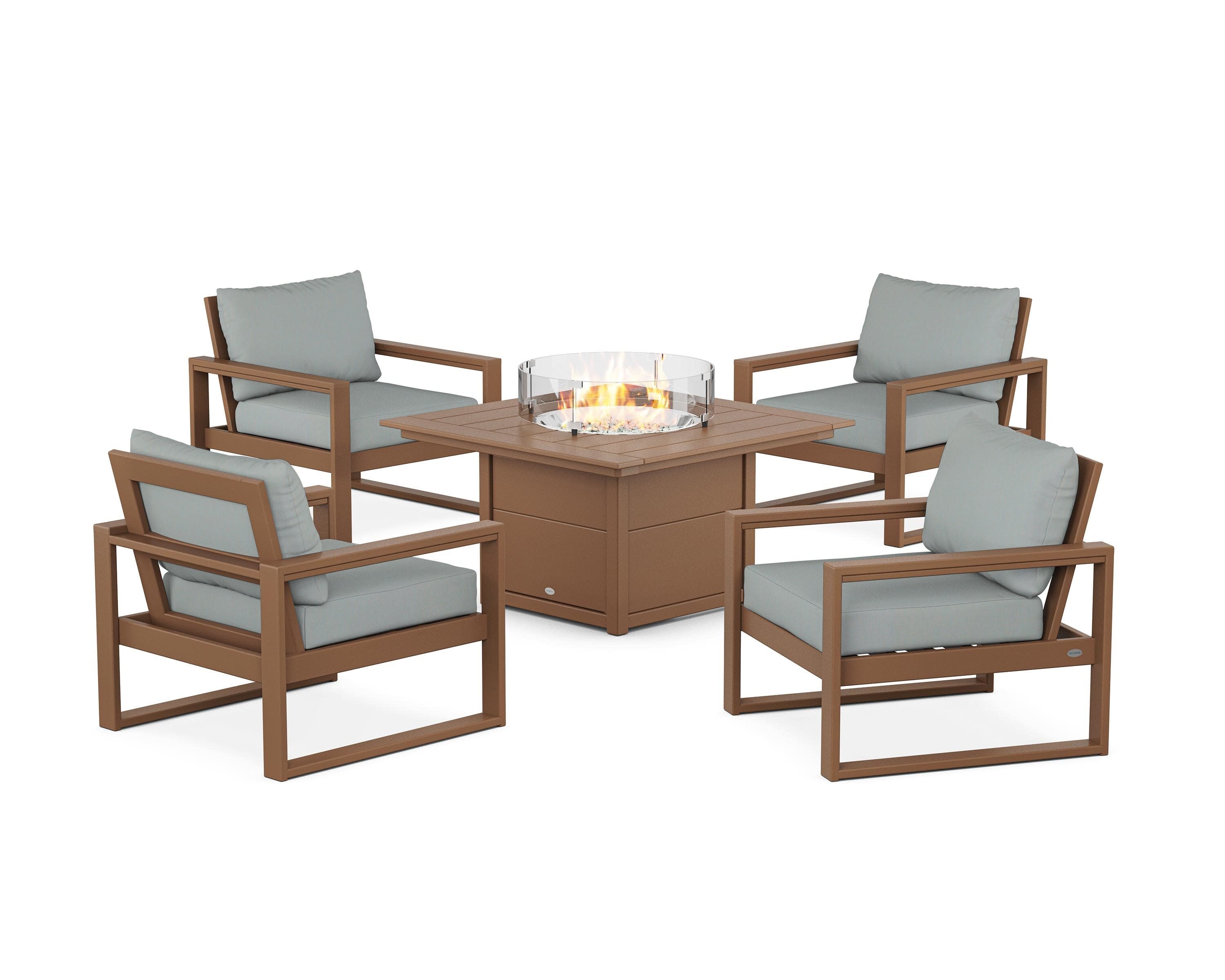 EDGE Sectional 5-Piece Deep Seating Set with Fire Pit Table in Teak / Spa