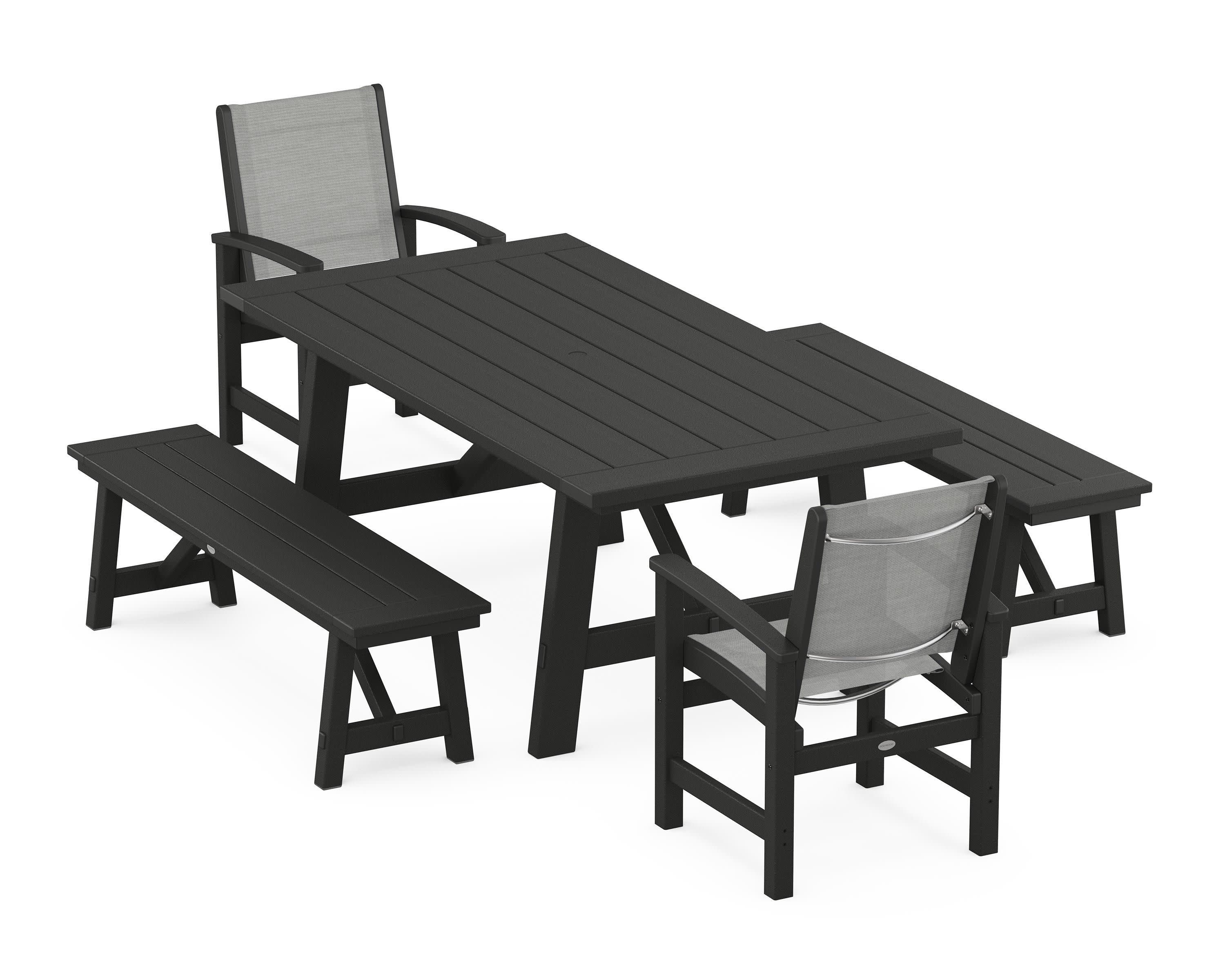 Coastal 5-Piece Rustic Farmhouse Dining Set With Benches in Black / Metallic Sling