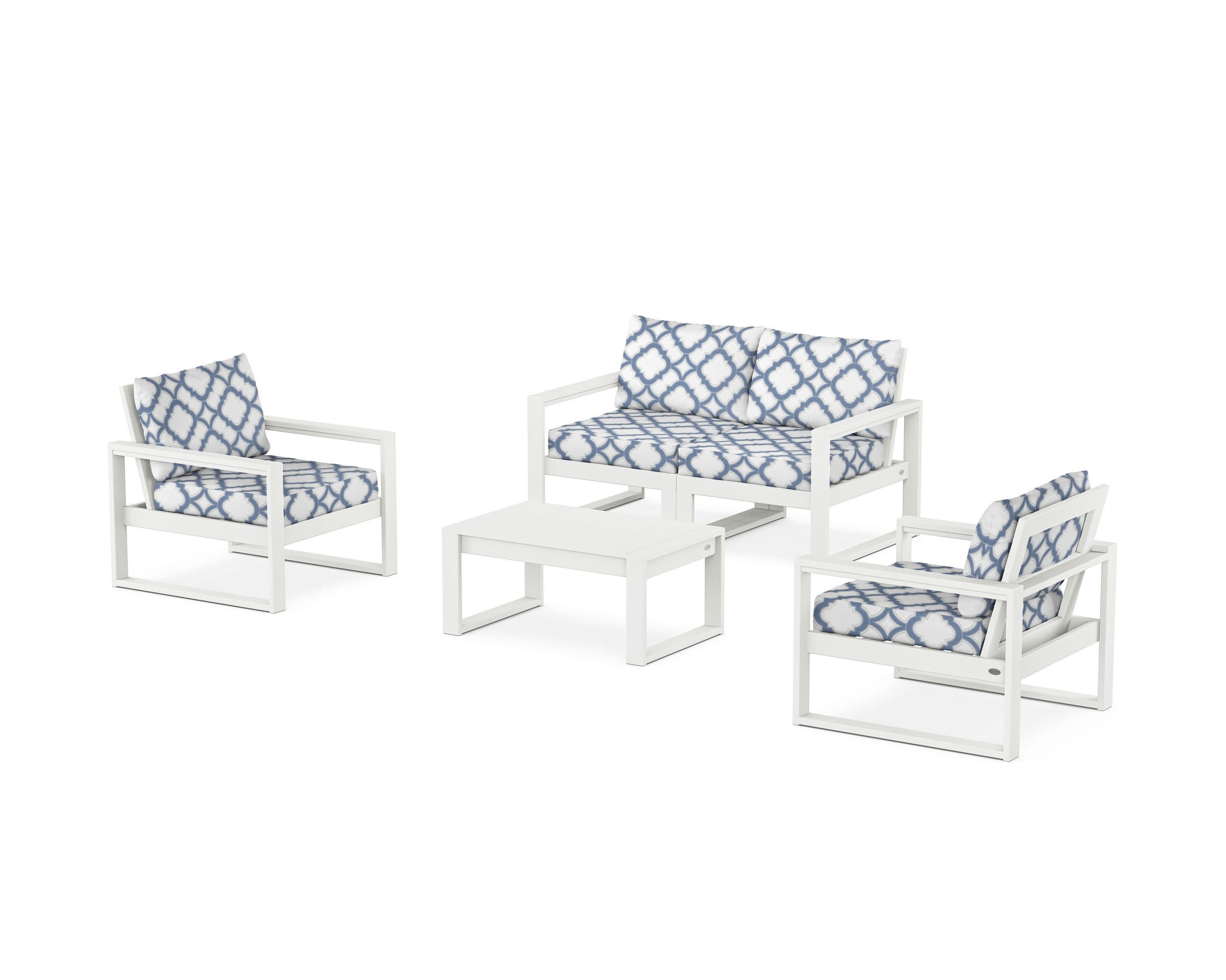 EDGE Sectional 4-Piece Deep Seating Set with Loveseat in Vintage White / Trellis Sky Blue
