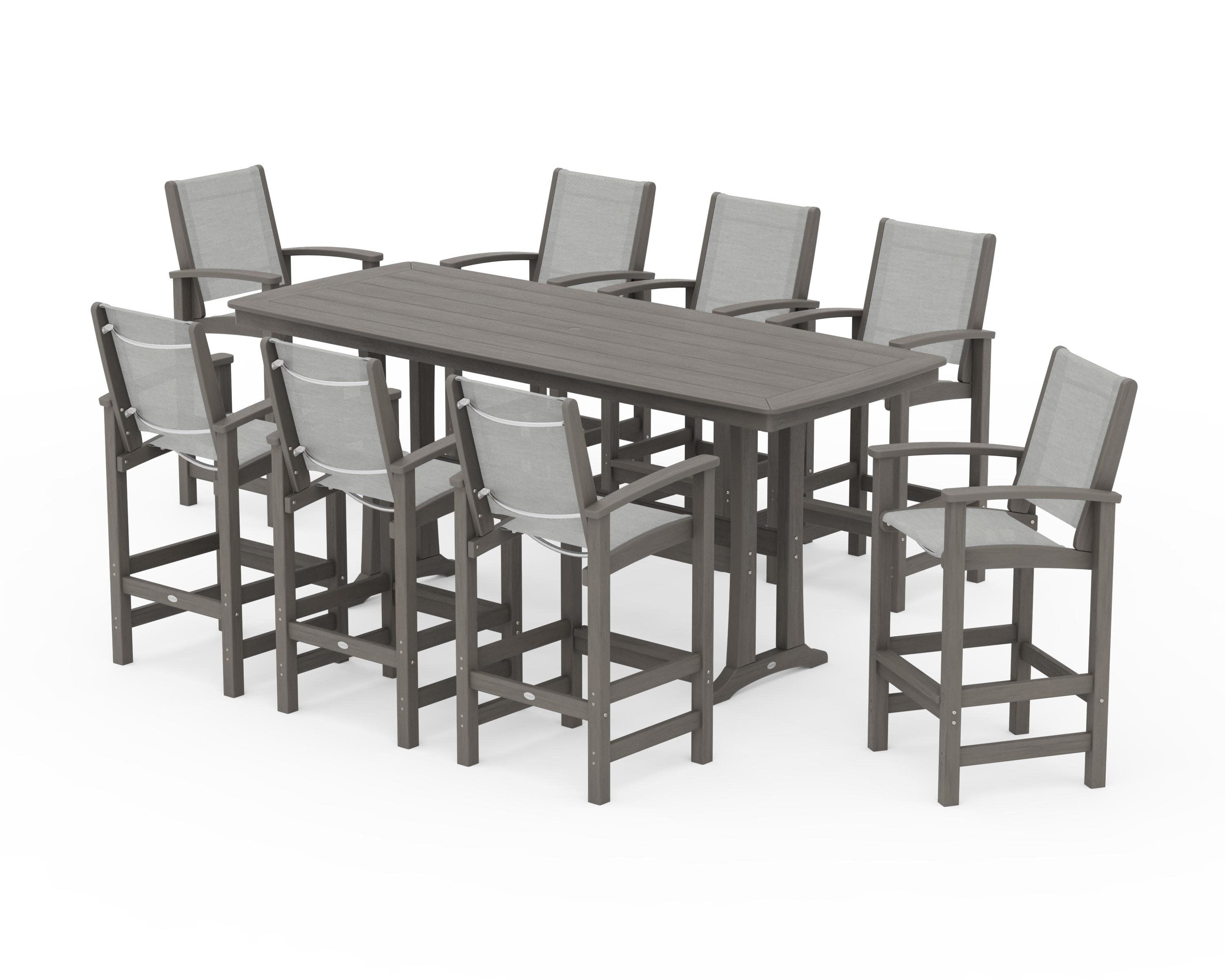 Coastal 9-Piece Bar Set with Trestle Legs in Driftwood / Metallic Sling