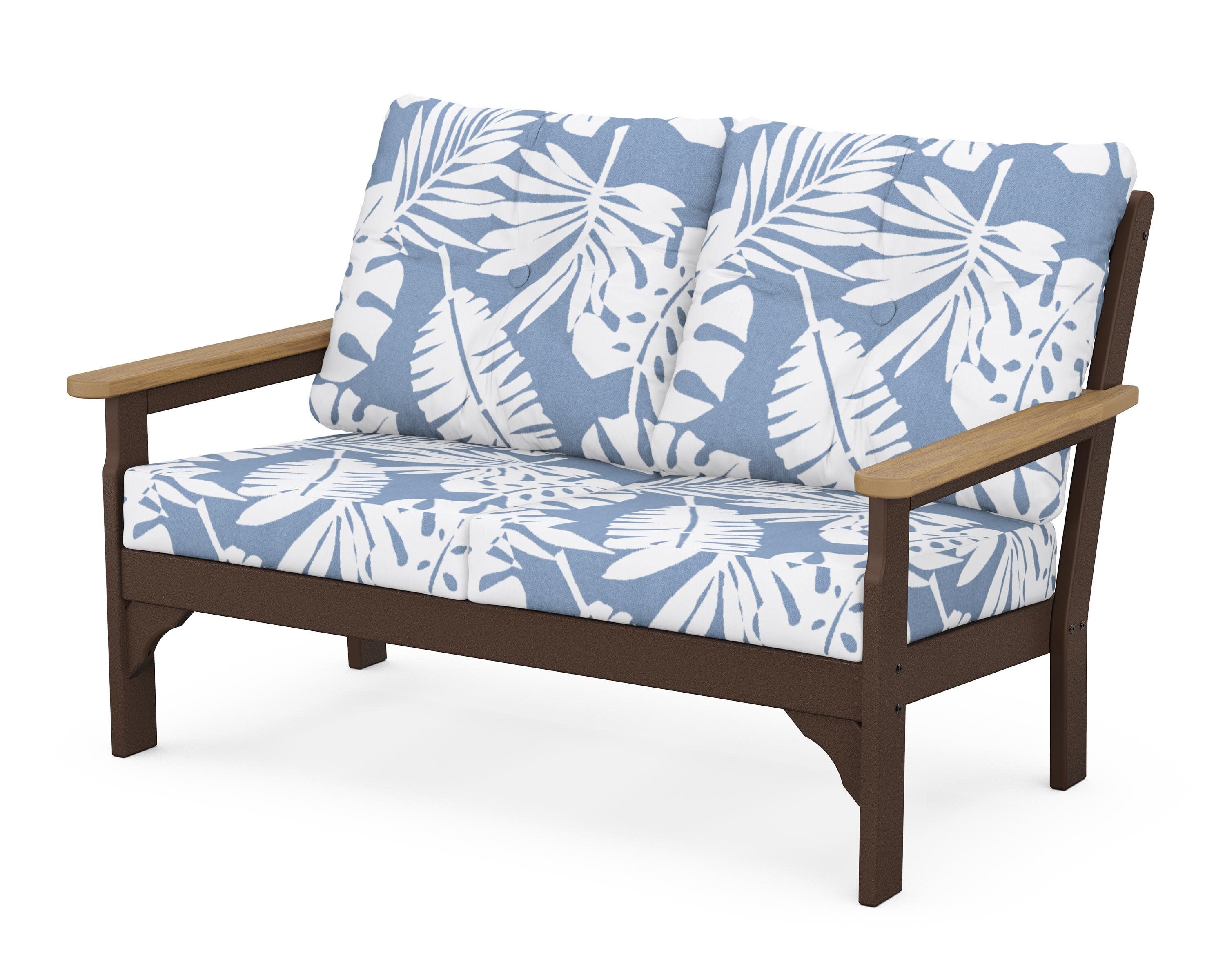 Vineyard Deep Seating Loveseat in Mahogany / Natural / Leaf Sky Blue