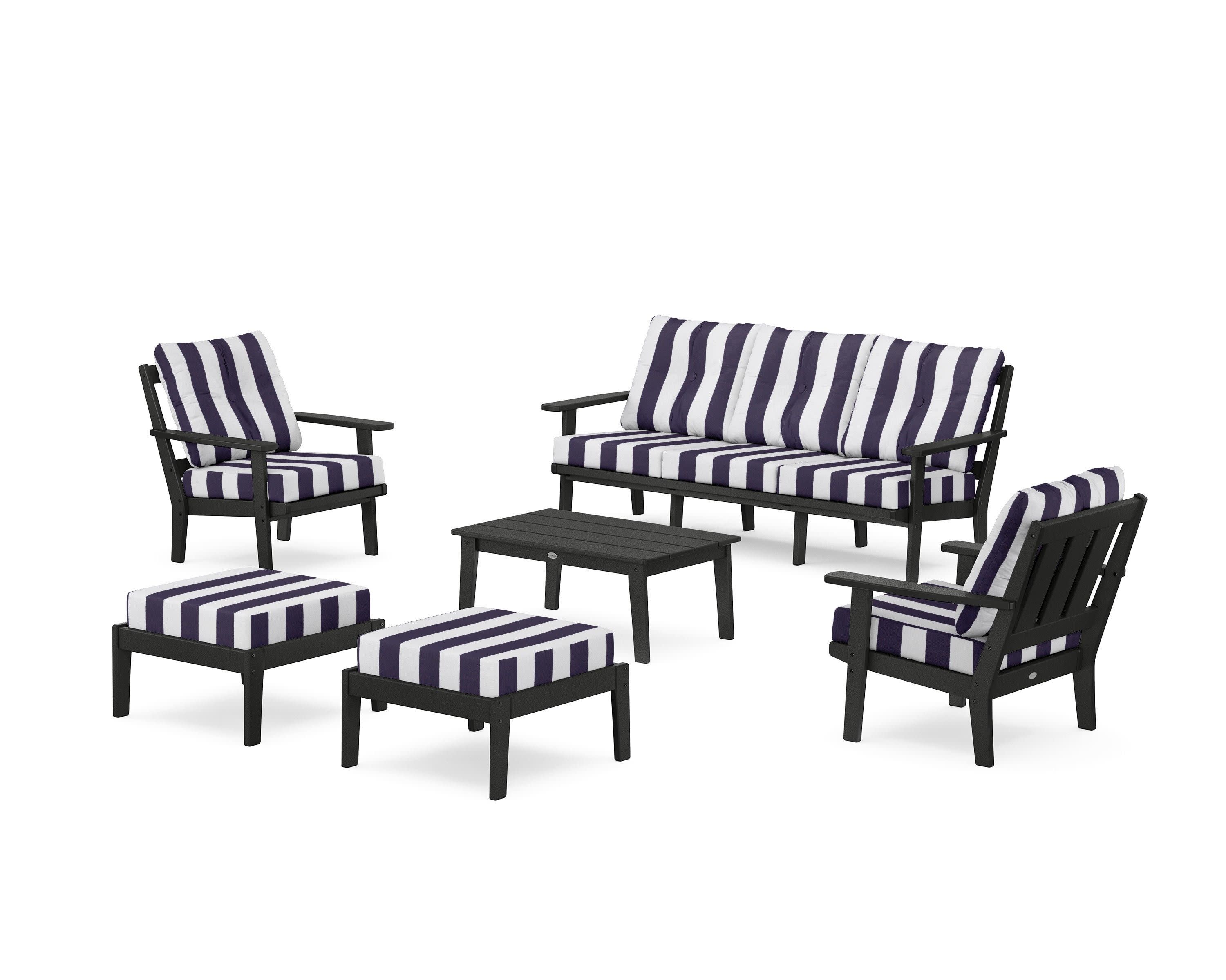 Oxford 6-Piece Lounge Sofa Set in Black / Cabana Stripe Navy
